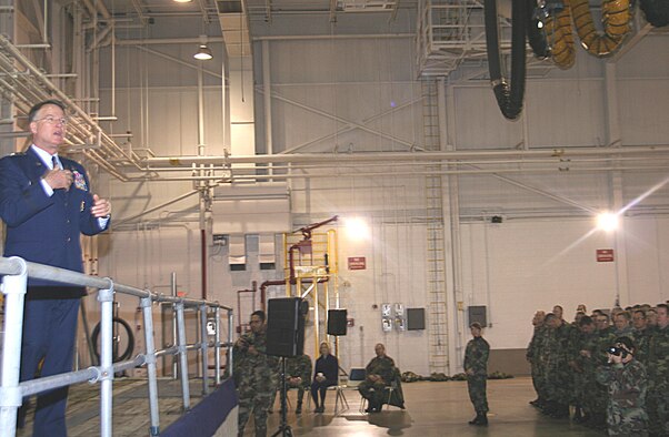 Lt. Gen.  John A. Bradley, Chief of Air Force Reserve, Headquarters U.S. Air Force, Washington D.C., and Commander, Air Force Reserve Command, Robins Air Force Base, Ga. addressed the 911th Airlift Wing, Pittsburgh IAP ARS, Pa. during a commander’s call held March 2, 2008.  During his recent visit General Bradley spoke at the annual awards banquet, held the evening of March 1. His March unit training assembly visit marked his first visit to Pittsburgh.  