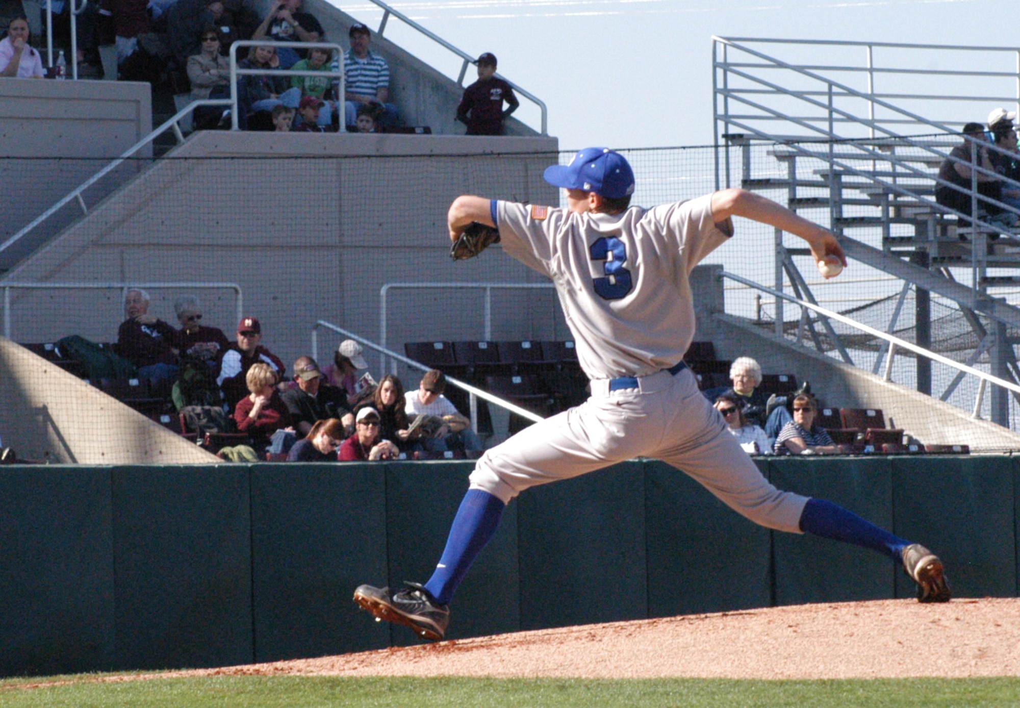 Falcons’ pitcher Alex Truesdale throws a fastball during the first game of a three set series in Starkville, Miss., against the Mississippi State University Bulldogs March 1. The U.S. Air Force Academy lost the series 1-2. (U.S. Air Force photo by Senior Airman John Parie)