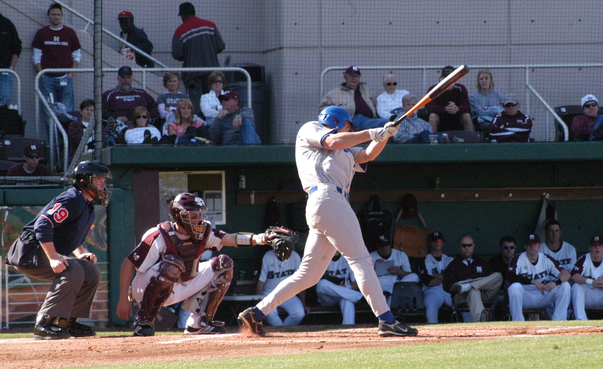 Falcons’ outfielder Matt Alexander swings away during the first game of a three set series in Starkville, Miss., against the Mississippi State University Bulldogs March 1. The U.S. Air Force Academy lost the series 1-2. (U.S. Air Force photo by Senior Airman John Parie)