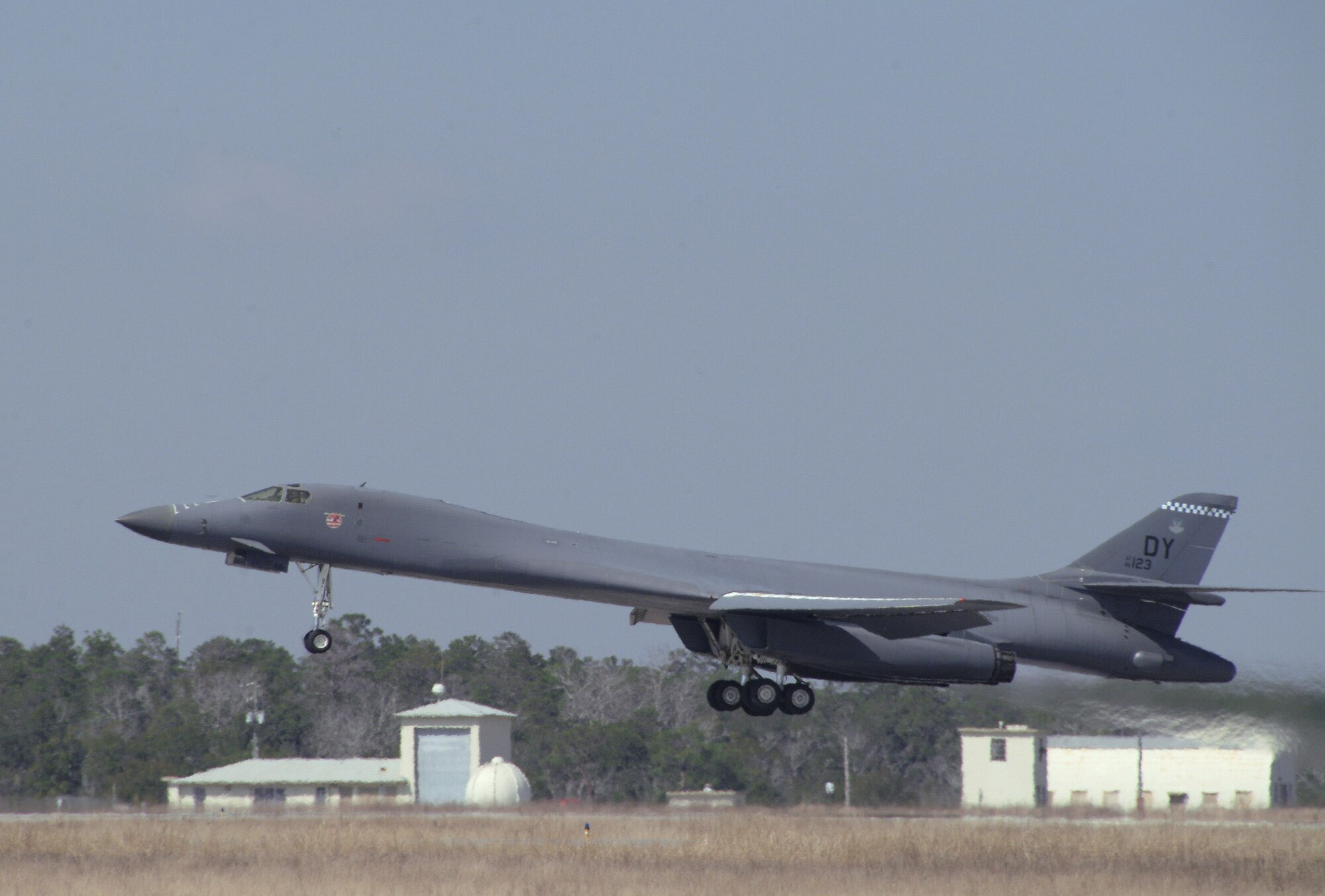 A B-1B Lancer takes off Feb. 25 from Eglin Air Force Base, Fla. The bomber from the 337th Test and Evaluation Squadron from Dyess AFB, Texas, was at Eglin AFB for a B-1B tail warning function test to analyze if a radar that faces the rear of B-1B detects incoming missiles or aircraft. If detected, the system can deploy defensive countermeasures. (U.S. Air Force photo/Capt. Carrie Kessler) 
