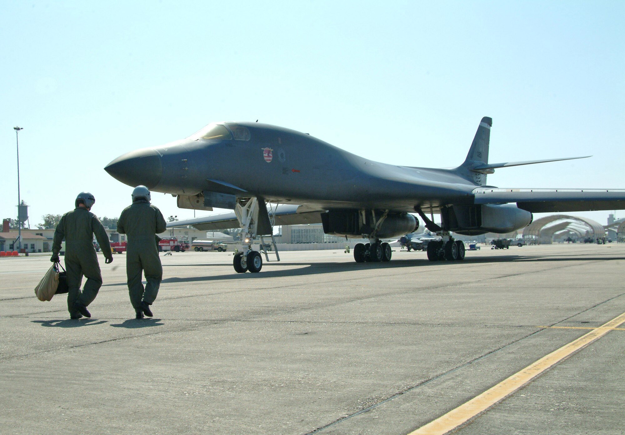 Col. Mick Guthals and Capt. Ben Kessler prepare to fly a B-1B Lancer Feb. 25 from Eglin Air Force Base, Fla., to Dyess Air Force Base, Texas. The four-person crew flew a B-1B tail warning function test to analyze if a radar that faces the rear of B-1B detects incoming missiles or aircraft. If detected, the system can deploy defensive countermeasures. Colonel Guthals is the 53d Wing vice commander, and Captain Kessler is a 36th Electronic Warfare Squadron B-1B employment officer. (U.S. Air Force photo/Capt. Carrie Kessler) 
