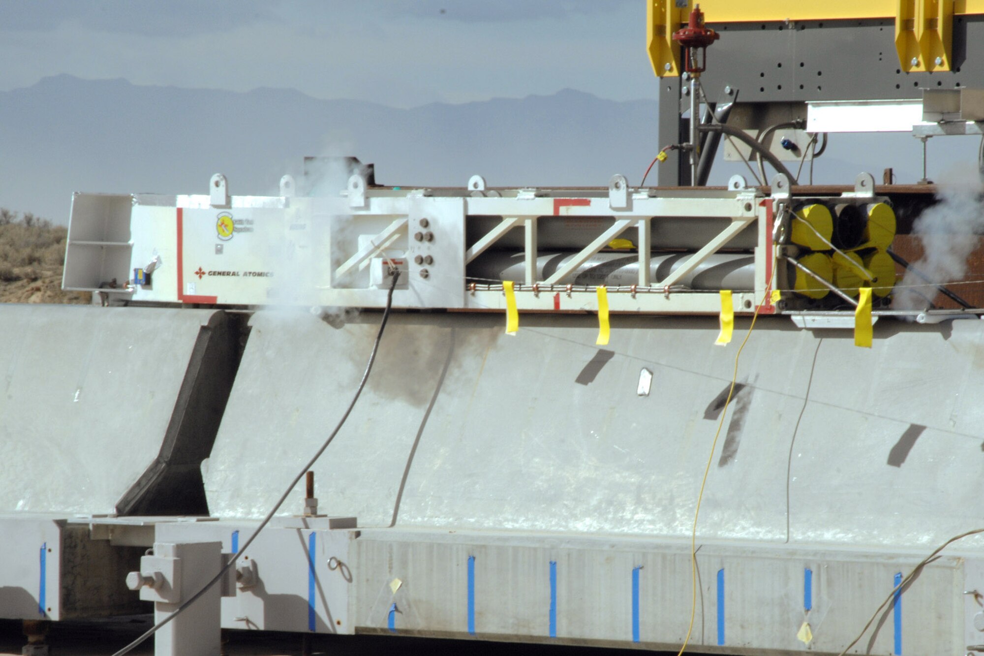 A magnetically levitated rocket sled prepares to launch Feb. 21at Holloman Air Force Base, N.M. Unlike the conventional track, which can house vibrations up to 80 G's, the magnetic-levitation track reduces vibrations to about two to six G's. (U.S. Air Force photo/Airman 1st Class Jamal D. Sutter) 