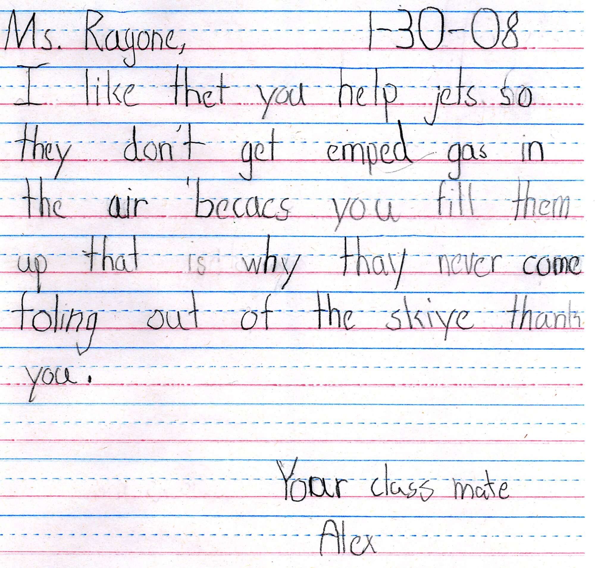 One of the letters sent by students of Goynes Elementary School. 