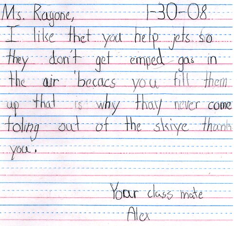 One of the letters sent by students of Goynes Elementary School. 