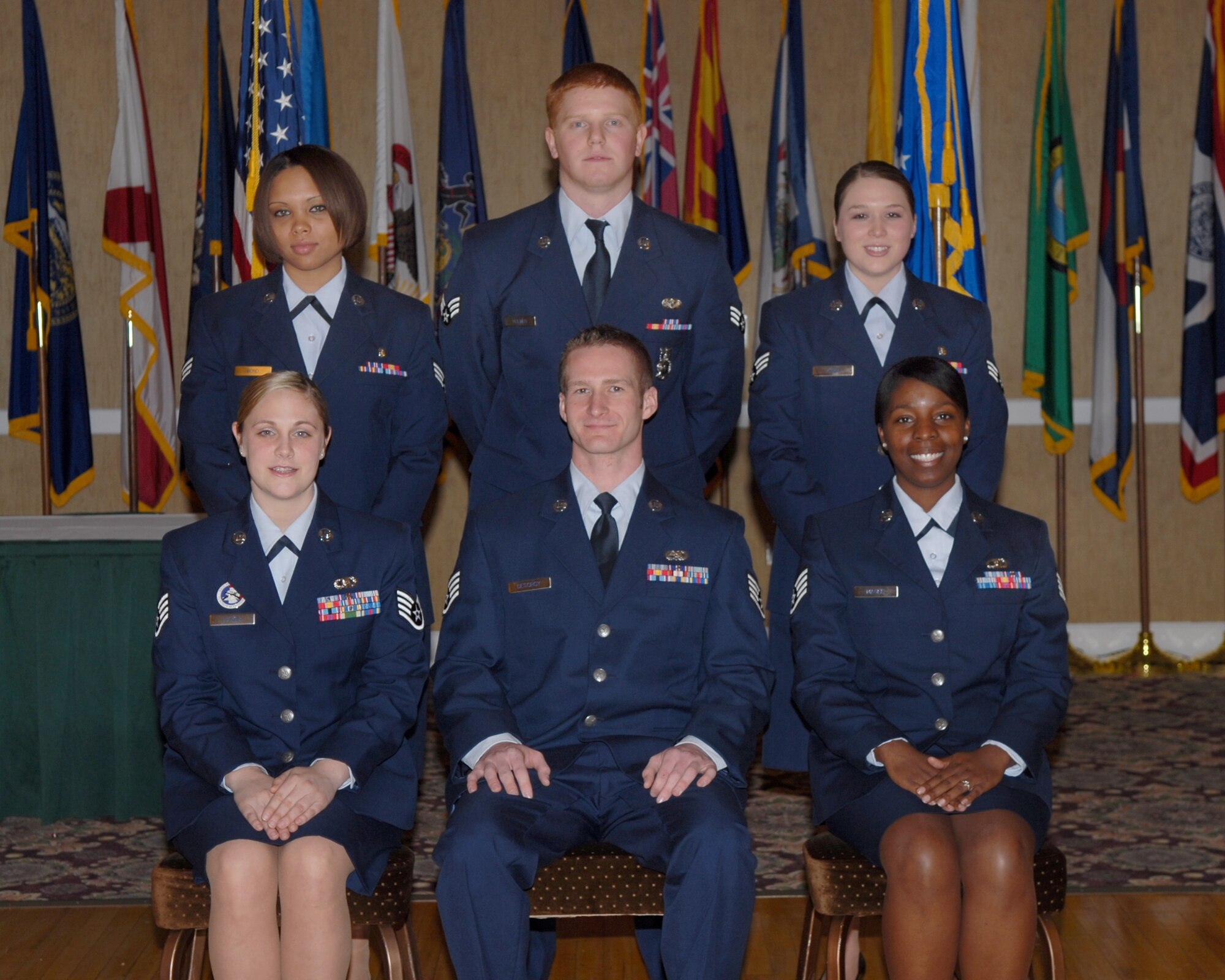 The 14th Flying Training Wing congratulates the March enlisted promotees. Pictured are: (front row) to Staff Sgt.: Sherri Tucker, 14th Operations Support Squadron; Justin Desorcy, 14th Communications Squadron; Marquita Magee, 14th OSS; (back row): to Senior Airman: Jessica Bond, 14th Medical Operations Squadron; Nicholas Homer, 14th Civil Engineer Squadron; and Jessica Kerr, 14th Medical Support Squadron. (U.S. Air Force photo by Melissa Duncan)
