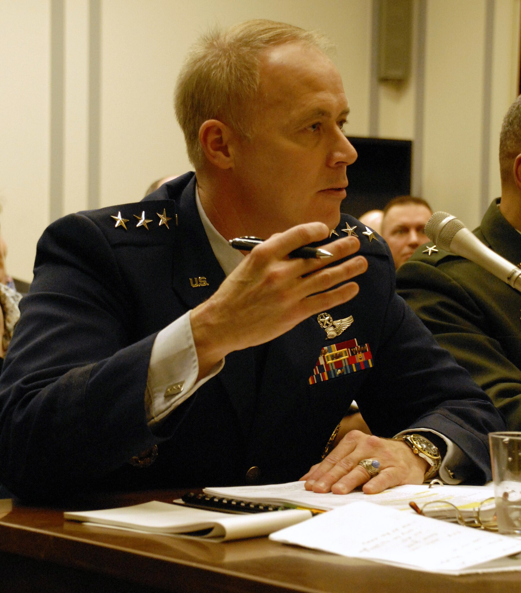 Lt. Gen. Richard Y. Newton III, the Air Force deputy chief of staff for manpower, personnel and services, answers questions from members of the House Armed Services Committee subcommittee on personnel Feb. 27. The following day, General Newton addressed the Senate Armed Services Committee subcommittee on personnel. Both groups of lawmakers had questions for the general as well as for representatives from the other services about personnel issues. (Air Force photo/Staff Sgt. J.G. Buzanowski)