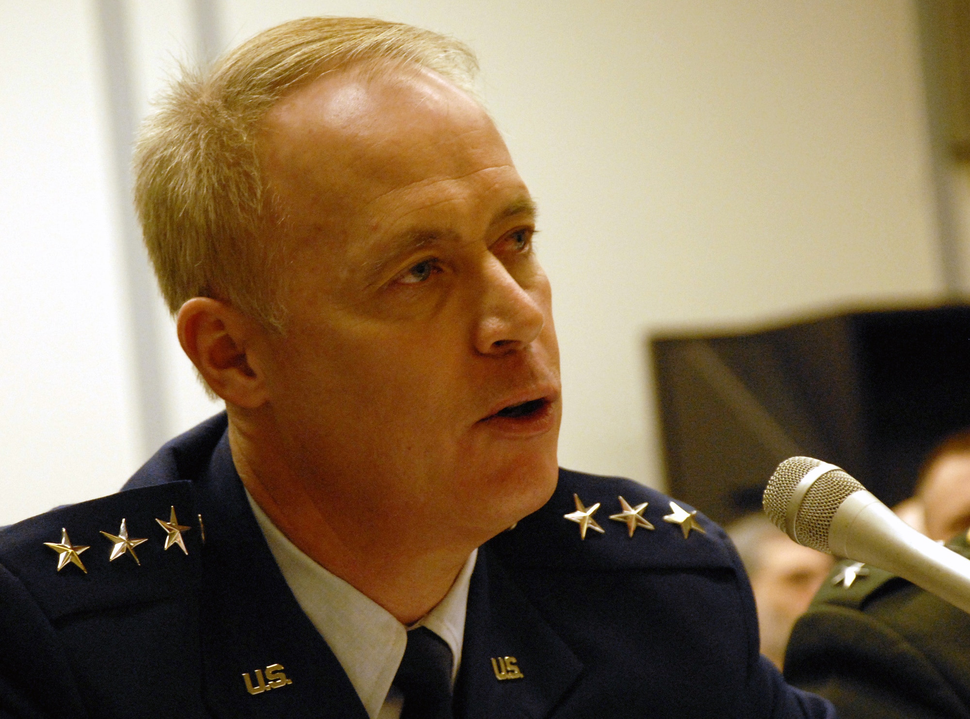 Lt. Gen. Richard Y. Newton III, the Air Force deputy chief of staff for manpower, personnel and services, answers questions from members of the House Armed Services Committee subcommittee on personnel Feb. 27. The following day, General Newton addressed the Senate Armed Services Committee subcommittee on personnel. Both groups of lawmakers had questions for the general as well as for representatives from the other services about personnel issues. (Air Force photo/Staff Sgt. J.G. Buzanowski)
