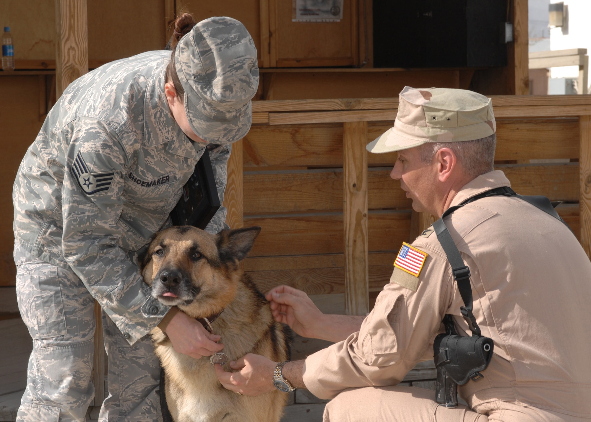 BAGRAM AIR BASE, Afghanistan - Col. Thomas Huizenga, 755th Air Expeditionary Group commander and Staff Sgt. Jessica Shoemaker, Afghanistan military working dog program dog handler, pins a 755 AEG medallion, the Commander's Coin given only to top performers for Integrity, Service and Excellence, on Black who retired after 63 dog-years of military service to the Air Force here Feb. 29. (U.S. Air Force photo by Master Sgt. Demetrius Lester) 