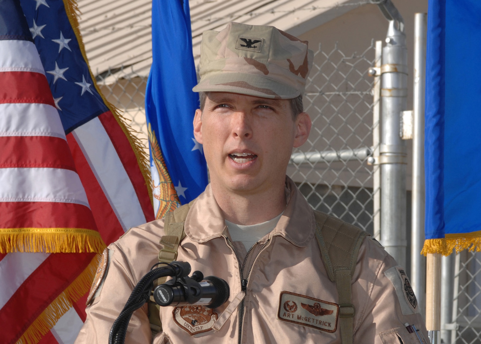 BAGRAM AIR BASE, Afghanistan - Col. Art McGettrick, 455th Expeditionary Operations Group commander, speaks during the ribbon-cutting ceremony for the new air traffic control tower here Feb. 26. The tower became operational Feb. 29. (U.S. Air Force photo by Master Sgt. Demetrius Lester)