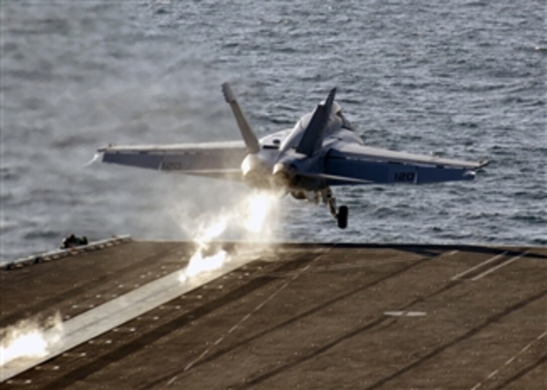 A U.S. Navy F/A-18 Super Hornet aircraft launches from the flight deck of the aircraft carrier USS Theodore Roosevelt (CVN 71) as the ship operates in the Atlantic Ocean on March 1, 2008.  The Hornet is assigned to Strike Fighter Squadron 106 of Naval Air Station Oceana, Va.  