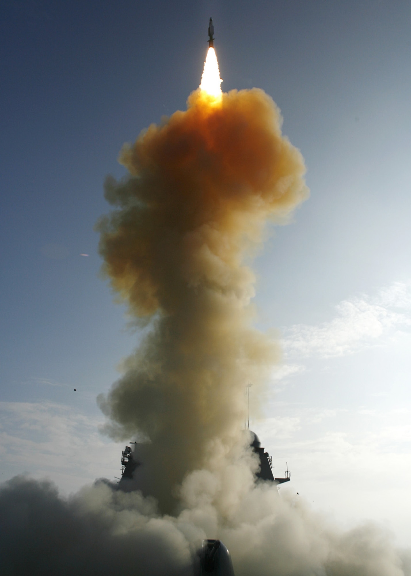 The USS Lake Erie launches a Standard Missile-3 at a non-functioning National Reconnaissance Office satellite as it traveled in space at more than 17,000 mph over the Pacific Ocean on Feb. 20, 2008. (U.S. Navy photo)