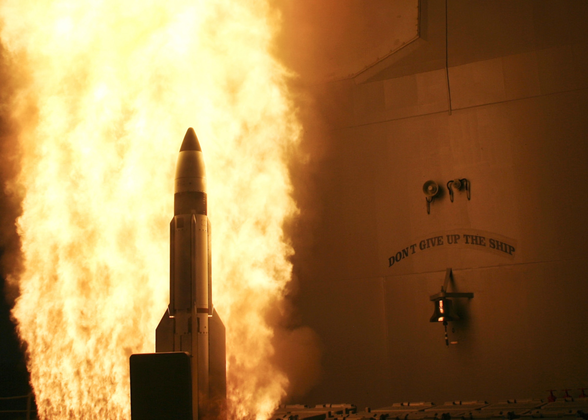 The USS Lake Erie launches a Standard Missile-3 at a non-functioning National Reconnaissance Office satellite as it traveled in space at more than 17,000 mph over the Pacific Ocean on Feb. 20, 2008. (U.S. Navy photo)