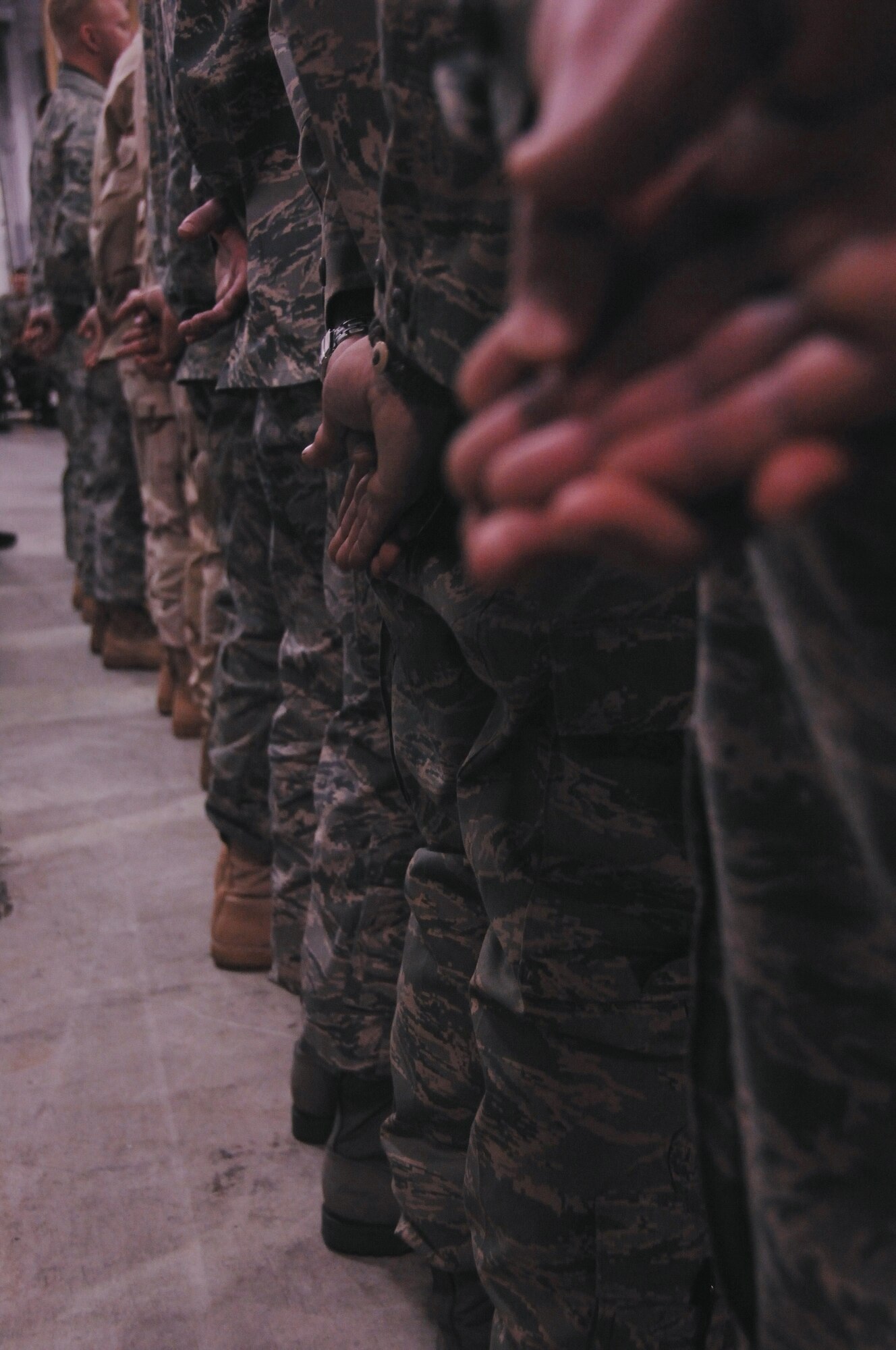 EIELSON AIR FORCE BASE, Alaska -- Airmen stand in formation at the Joint Mobility Complex for a homecoming held Feb. 29, 2008 to recognize all of Eielson's Airmen who returned from deployments overseas. (U.S. Air Force photo/Airman 1st Class Christopher Griffin)