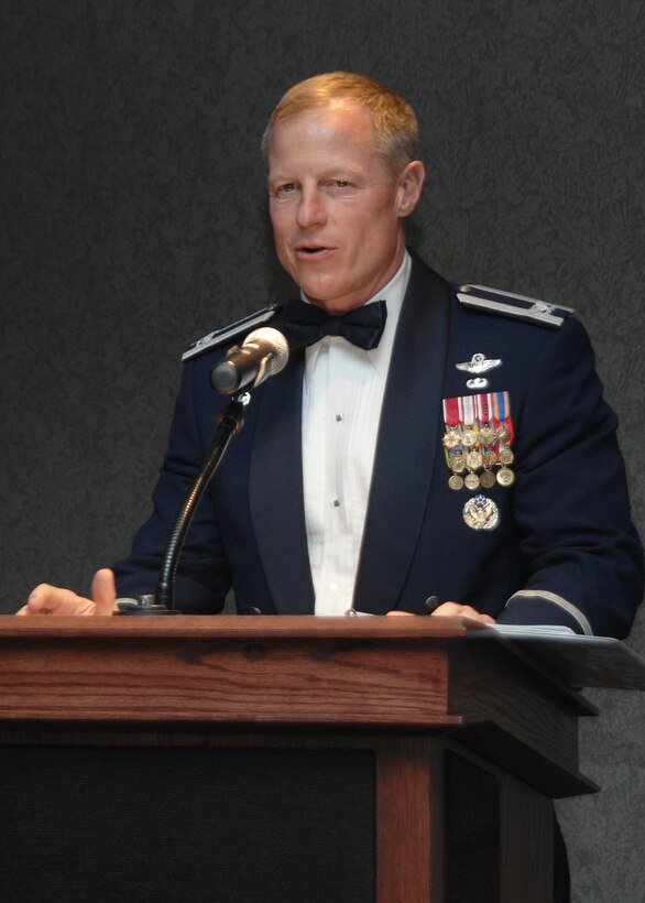 Col. David Petersen, 80th Flying Training Wing commander, addresses the audience at the wing's Annual Awards Banquet March 1 in the Sheppard Club. (U.S. Air Force photo/Lou Anne Sledge)