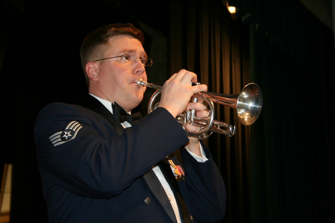 Staff Sgt. Jeff Reich demonstrated his technical expertise as he performed Philip Sparke's "Song and Dance" with the USAF Heartland of America Band's Brass in Blue.  This concert was part of the group's February 2008 tour through Minnesota. 