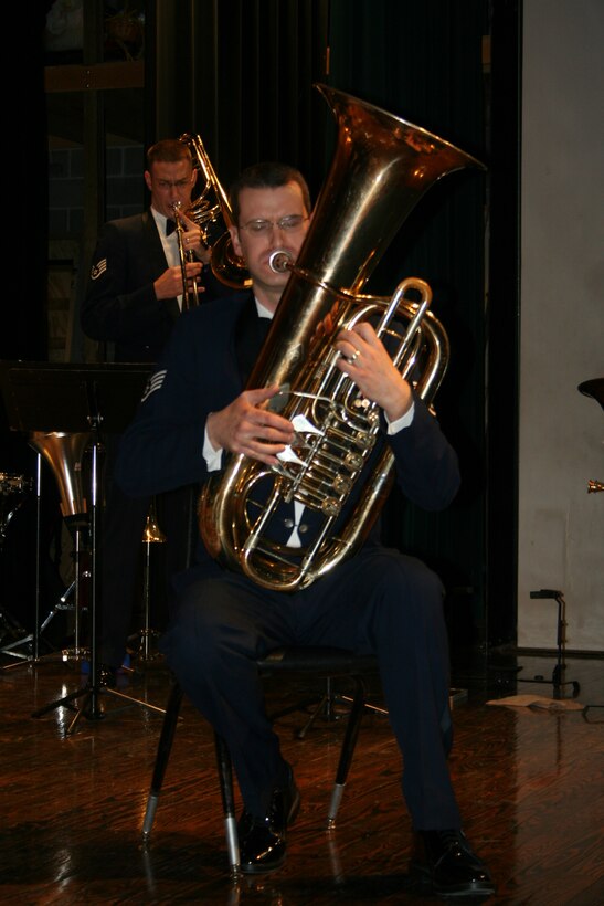Staff Sgt. Mark Barnette of the USAF Heartland of America Band performs "Romanza" from the Ralph Vaughn Williams' Tuba Concerto with Brass in Blue.  This concert on February 7th, 2008 in Plattsmouth, NE kicked off the group's tour to the Minneapolis-St. Paul area.