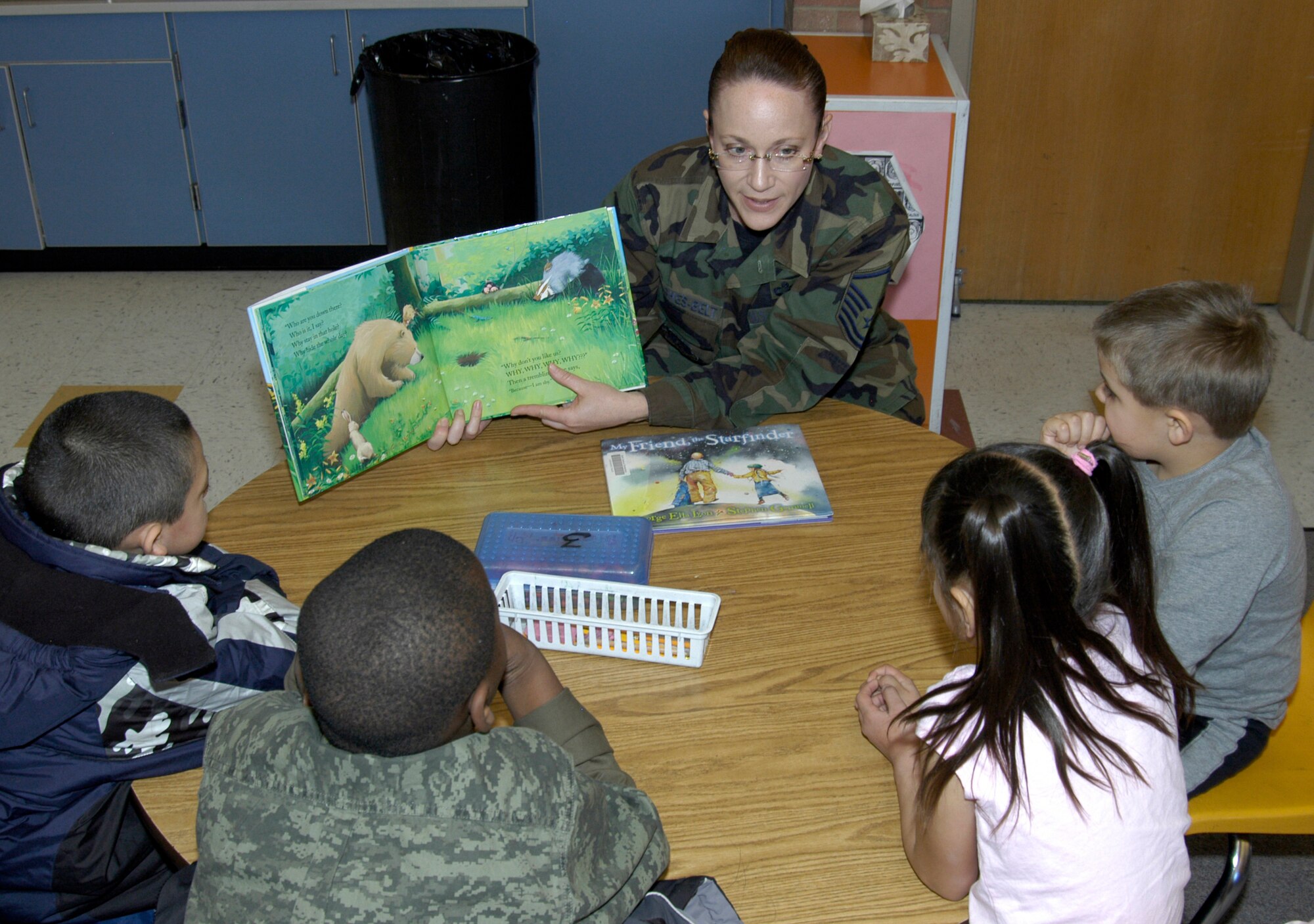 Master Sgt. Lisamichelle Hughes-Belt, DPP, reads to second graders at Sixth Avenue Elementary in Aurora, Colo. Twenty-five volunteers from the Air Reserve Personnel Center participated in the National Education Association's Read Across America program March 3. The annual event is designed to motivate and teach children about the importance of reading. The event began in 1998 and has been held every year on or around the birthday of children's book author Dr. Seuss. (U.S. Air Force photo/Mike Molina) 