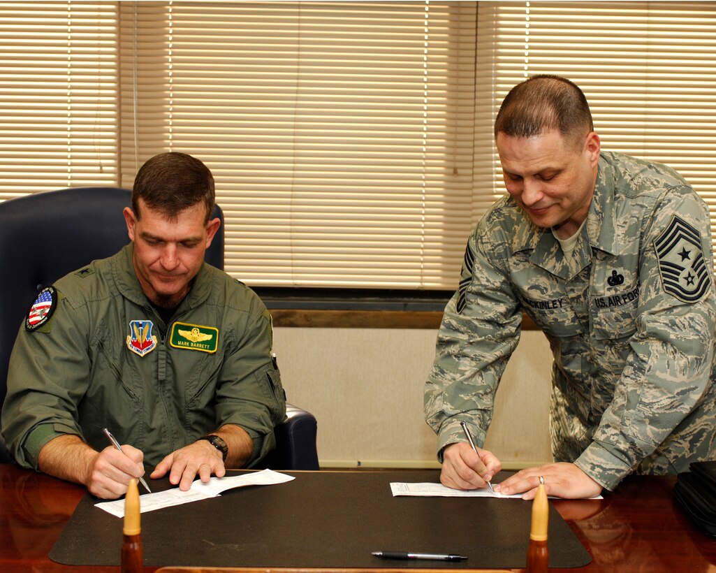 LANGLEY AIR FORCE BASE, Va. – Brig. Gen. Mark Barrett, 1st Fighter Wing commander and Chief Master Sgt. James MacKinley, 1st FW command chief, sign their 2008 Air Force Assistance Fund campaign forms here March 3. The campaign, “Commitment to Caring,” will run from March 10 to May 3. People wishing to donate should contact their unit project officer. (U.S. Air Force photo/Airman Gul Crockett)

