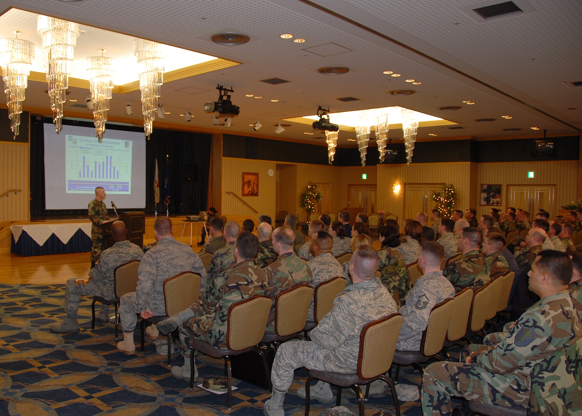 MISAWA AIR BASE, Japan -- Capt. Christopher Tooman, 35th Maintenance Squadron operations officer, briefs 35th Maintenance Group leadership about the safety of the previous fiscal year during the first quarterly maintenance safety meeting Feb. 29. Maj. Gen. Wendell L. Griffin, Air Force Chief of Safety, attended the briefing. (U.S. Air Force photo by Senior Airman Chad Strohmeyer)