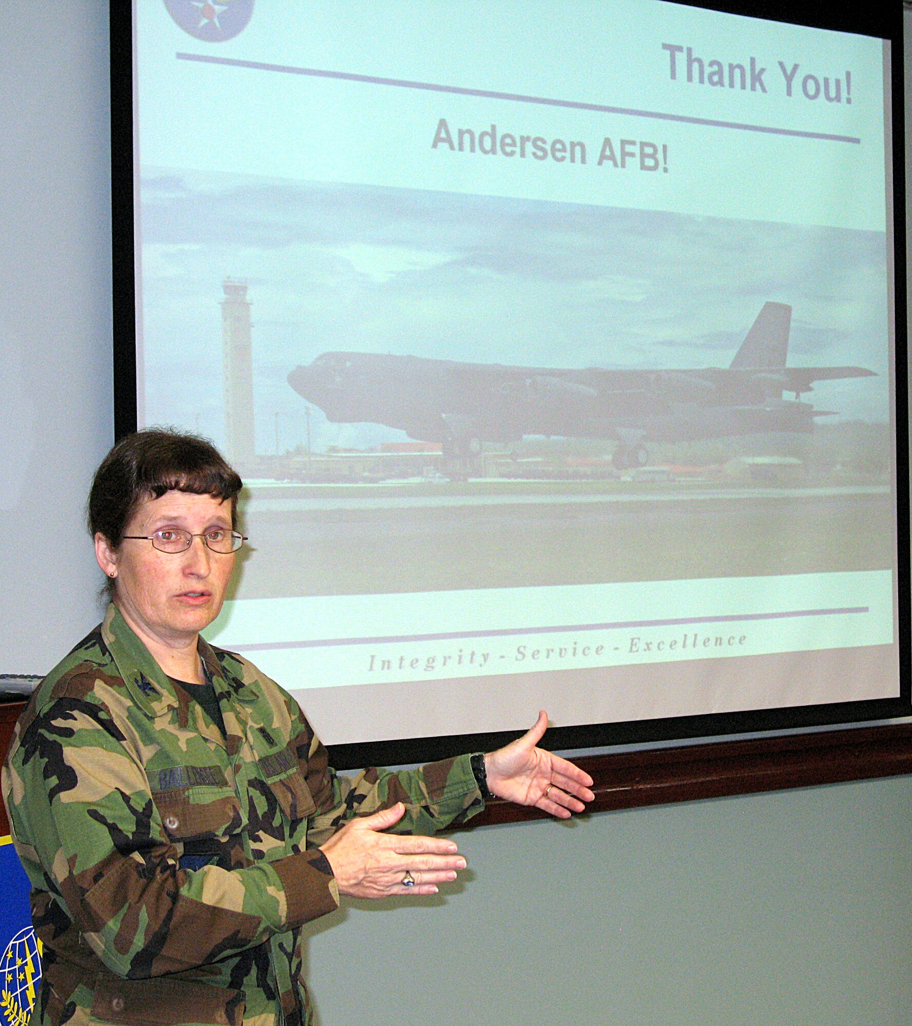 Col. Kelli Ballengee, the Pacific Air Force's bioenvironmental engineer gave the final outbrief of the 2008 external Environmental Safety Occupational Health Compliance Assessment Management Program held on Andersen Feb. 25-29. (U.S. Air Force photo by Airman 1st Class Carissa Wolff)
