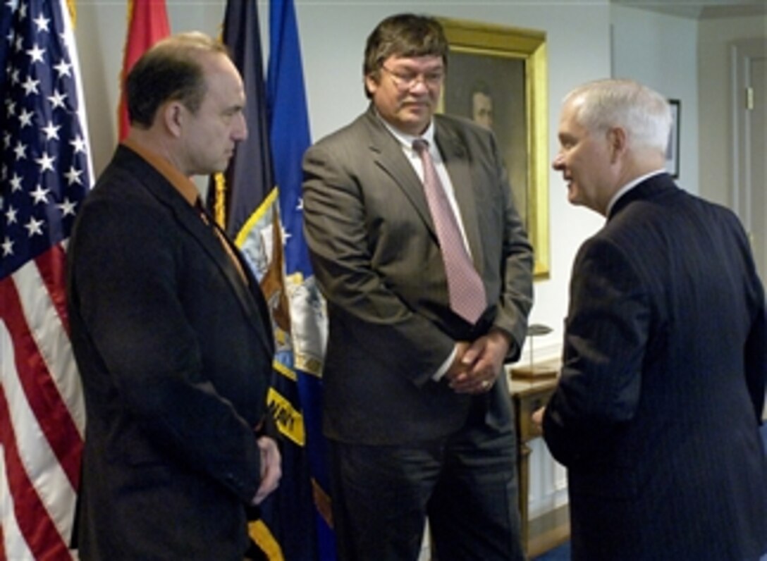 Defense Secretary Robert M. Gates, right, meets with family representatives of U.S. Army Master Sgt. Woodrow Keeble in the secretary's Pentagon office, March 4, 2008. President Bush posthumously awarded Keeble the Medal of Honor in White House ceremonies.  Keeble, the first Sioux Indian to ever receive the nation's highest award for valor, served in the U.S. Army during World War II and the Korean conflict.  