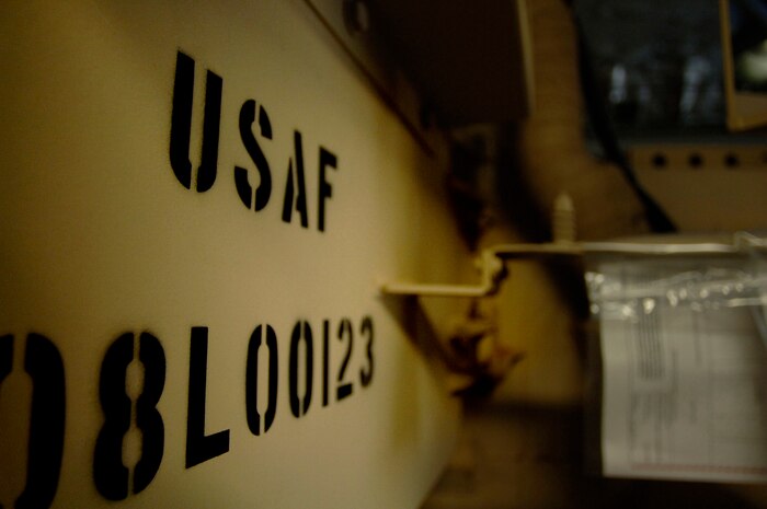 A door is shown with a stamp for the United States Air Force on the door of a Mine Resistant Ambush Protected Vehicle in a C-17 on the Charleston AFB flightline Tuesday. (U.S. Air Force Photo/Senior Airman Nicholas Pilch)