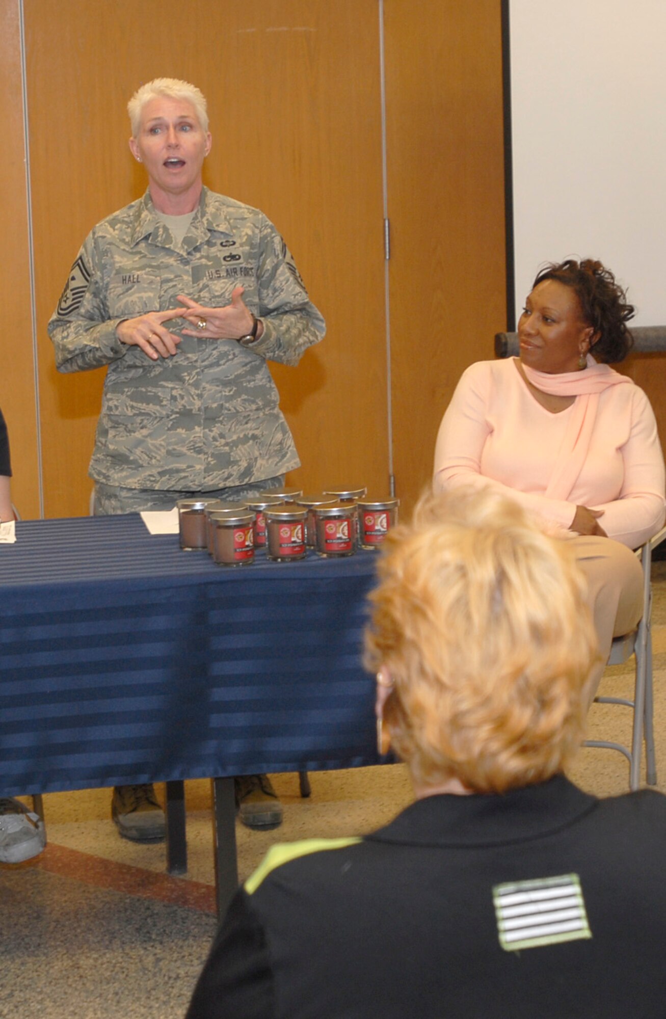 A representative from the Health and Wellness Center details the
services available to spouses and dependents at Peterson's Spouses Town Hall
Mar. 3. The meeting focused on services available to spouses here, such as
career assistance, child care and deployed family dinners. (U.S. Air Force photo/Corey Dahl)
