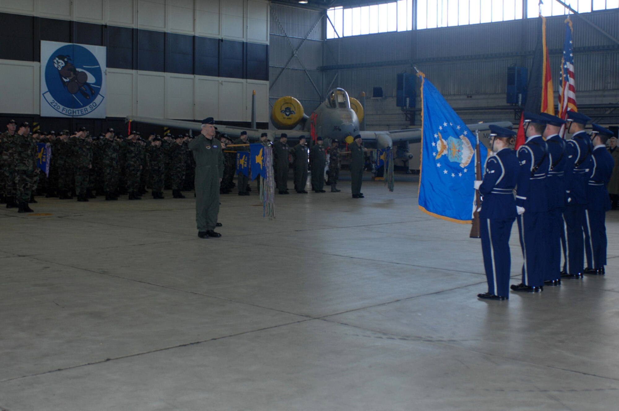 SPANGDAHLEM AIR BASE, Germany – Col. Thomas Feldhausen renders a salute to Col. Darryl Roberson during the 52nd Fighter Wing Celebration of Command Ceremony March 5, 2008. During the ceremony Colonel Roberson turned command of the 52nd FW over to Colonel Feldhausen. (U.S. Air Force photo/Staff Sgt. Heather M. Norris)