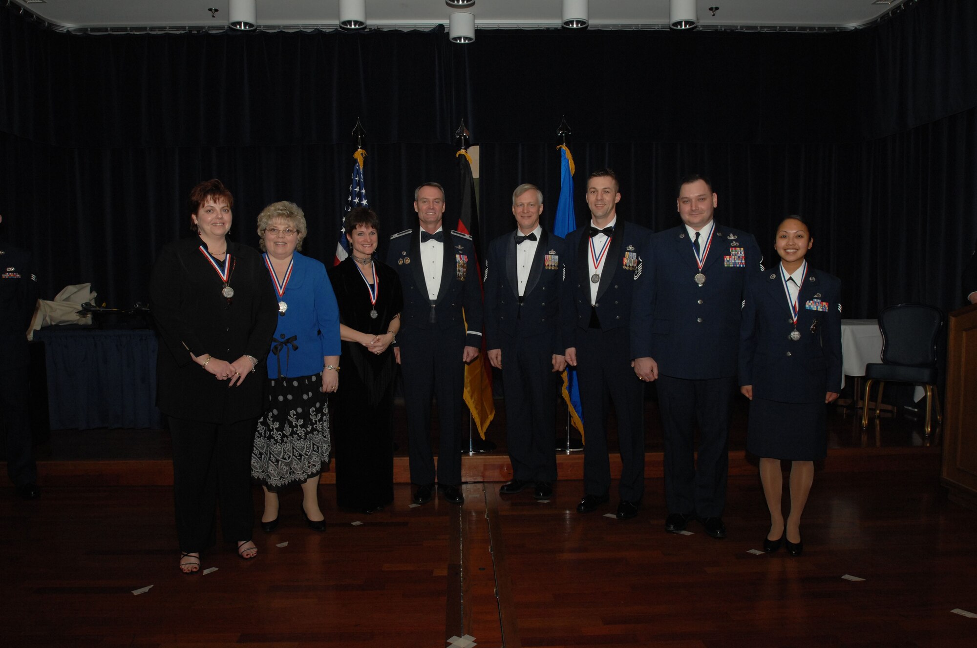 SPANGDAHLEM AIR BASE, Germany – Col. Darryl Roberson, 52nd Fighter Wing commander, and Chief Master Sgt. Vance Clark, 52nd FW command chief, recognize the base’s annual award winners March 1, 2008. (U.S. Air Force photo/Staff Sgt. Kristin Ruleau) 
