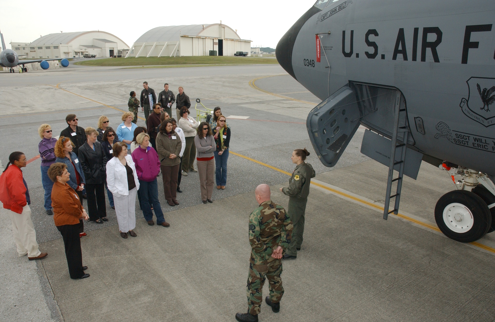Spouses of military members here take a tour of the flightine and its operations as part of the 'Shogun Look' program Feb. 28.  The Shogun Look Program is meant to give spouses of commanders, chiefs, and other senior leaders a closer look at the various missions units perform so they can pass on the knowledge to other spouses in their respective units. (U.S. Air Force photo/Senior Airman Jeremy McGuffin) 