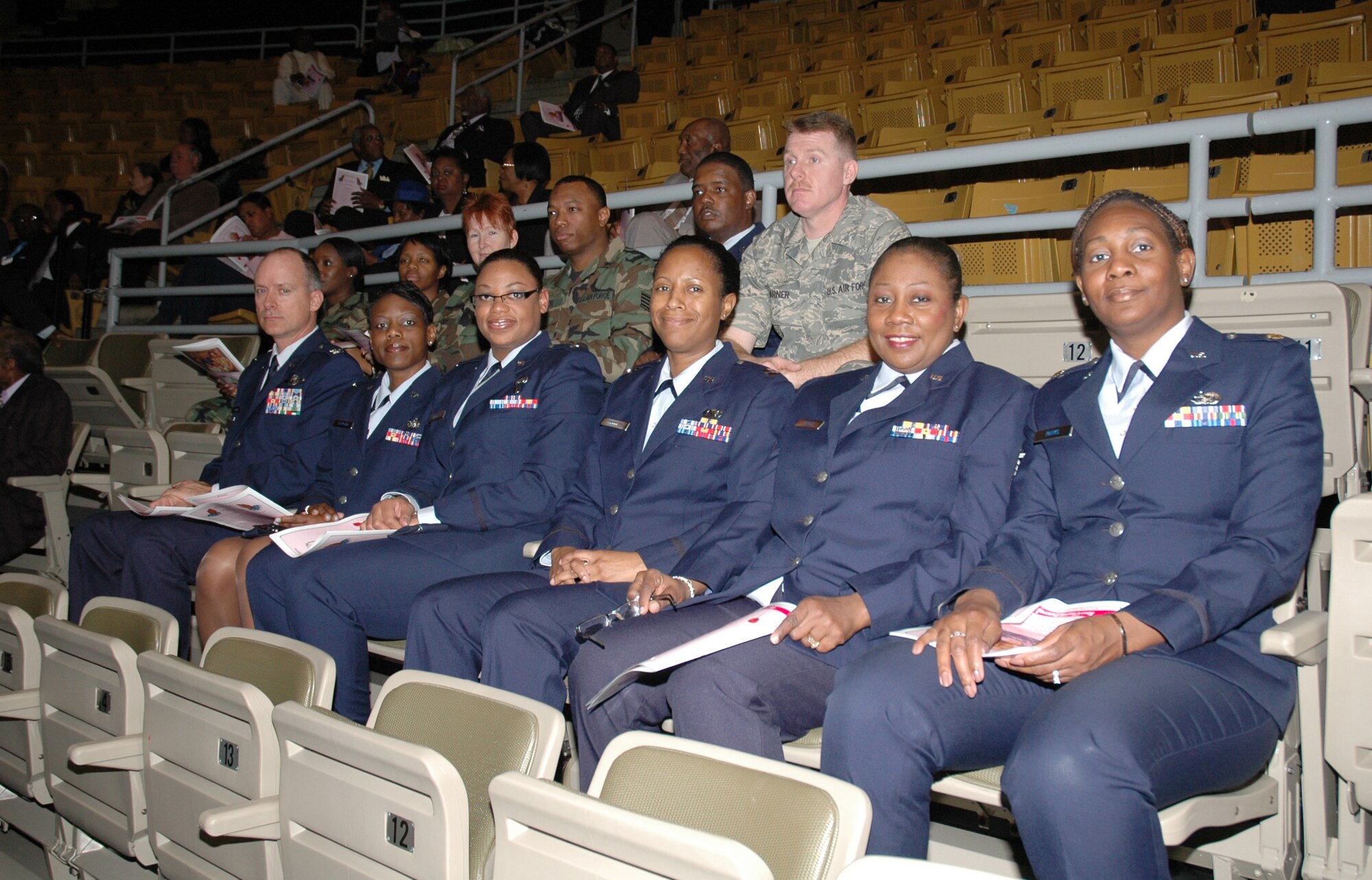 A group of 908th Airlift Wing Air Force reservists led by Col. Jon Andre attend the March 1 funeral of civil rights pioneer, Mrs. Jonnie R. Carr. Carr, who passed away Feb. 22 at age 97, led the Montgomery (Ala.) Improvement Association, an organization formed in 1955 when her childhood friend, Rosa Parks, was arrested for refusing to give up her bus seat to a white man. Parks' arrest sparked the Montgomery bus boycott, and drew national attention to the fight against segregation as well as one of the boycott's leaders, Rev. Martin Luther King Jr. Colonel Andre, the 908th AW's vice commander, heads the wing's Human Resource Development Council. He is flanked by Capts. Tonia Stephens, Dreidra Randolph and Deana Goudeau, Master Sgt. Gloria D'errico and Maj. Erica Parks. (U.S. Air Force photo by Lt Col. Jerry Lobb)