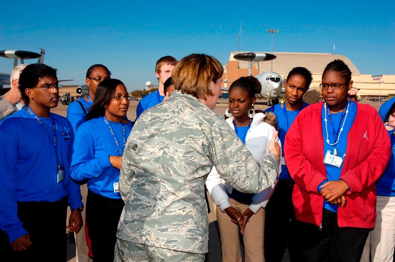 Brigadier General Lori J. Robinson, 552nd ACW Commander, teaches DelQuest students about the E-3 Sentry and the mission of the 552nd Air Control Wing. Photo compliments of Visual Information.