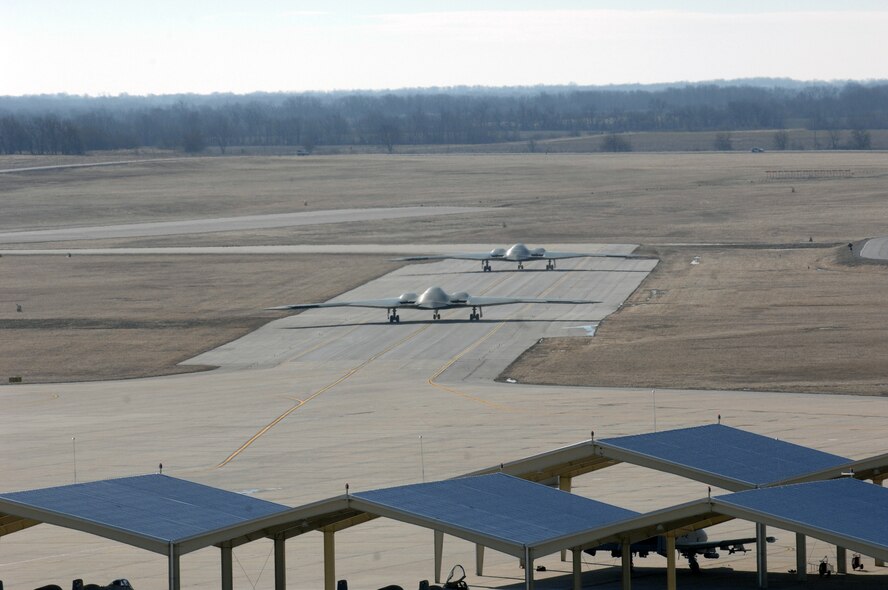 WHITEMAN AIR FORCE BASE, Mo. - Two B-2 Bombers roll down the taxiway March 4 marking the end of Whiteman's first Nuclear Operational Readiness Exercise of the year. The NORE is in preparation of the combined Nuclear Surety Inspection and Nuclear Operational Readiness Inspection scheduled for May 29 through June 11. The NORE exercises Team Whiteman's ability to perform their tasked nuclear mission, which includes generating aircraft, preparing aircrews and controllers, and exercising the bomber strategic aircraft recovery team. (U.S. Air Force photo/Airman 1st Class Cory Todd)