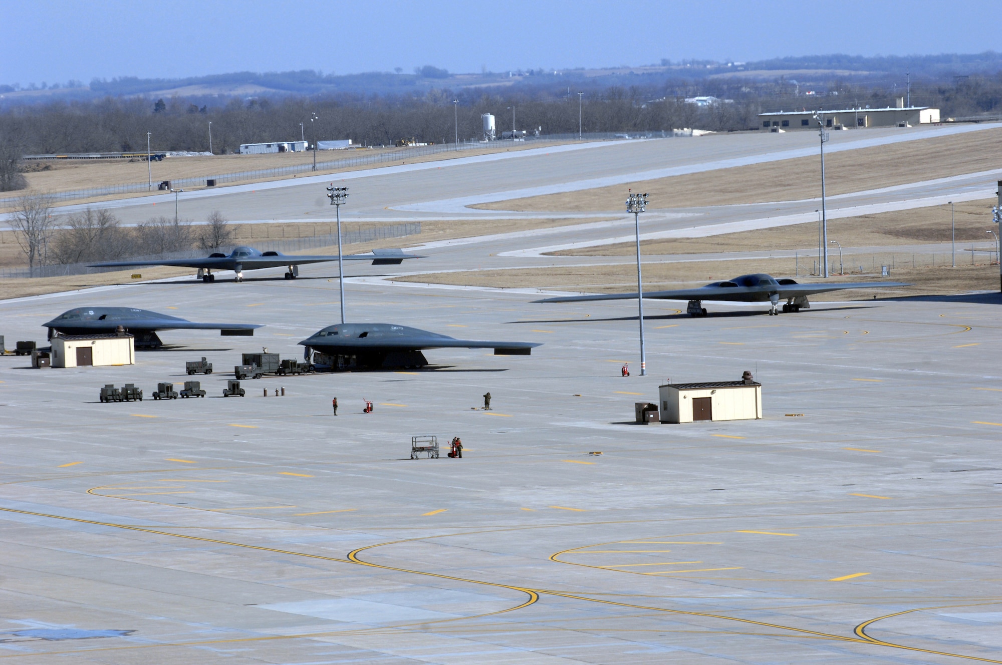 WHITEMAN AIR FORCE BASE, Mo. - Two B-2 Bombers taxi down Taxiway Delta March 4 marking the end of Whiteman's first Nuclear Operational Readiness Exercise of the year. The NORE is in preparation of the combined Nuclear Surety Inspection and Nuclear Operational Readiness Inspection scheduled for May 29 through June 11. The NORE is in preparation of the combined Nuclear Surety Inspection and Nuclear Operational Readiness Inspection scheduled for May 29 through June 11. The next NORE, which should be more in depth and challenging, is scheduled March 24 through April 2, said. Lt. Col. Matthew Snyder, 509th Bomb Wing Plans and Scheduling chief. (U.S. Air Force photo/Airman 1st Class Cory Todd)