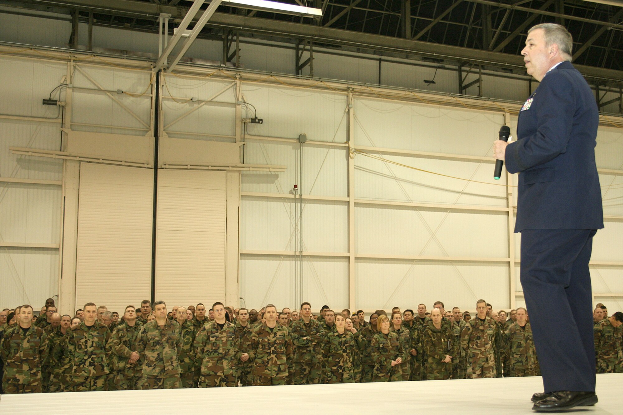 GRISSOM AIR RESERVE BASE, Ind., -- Brig. Gen. Dean Despinoy, 434th Air Refueling Wing commander, addresses the unit during a commander's call  held on the March unit training assembly. Commander's calls are used to recognize outstanding performers, discuss key issues, and receive questions and feedback from unit members.  (U.S. Air Force photo/Tech. Sgt. Patrick Kuminecz)