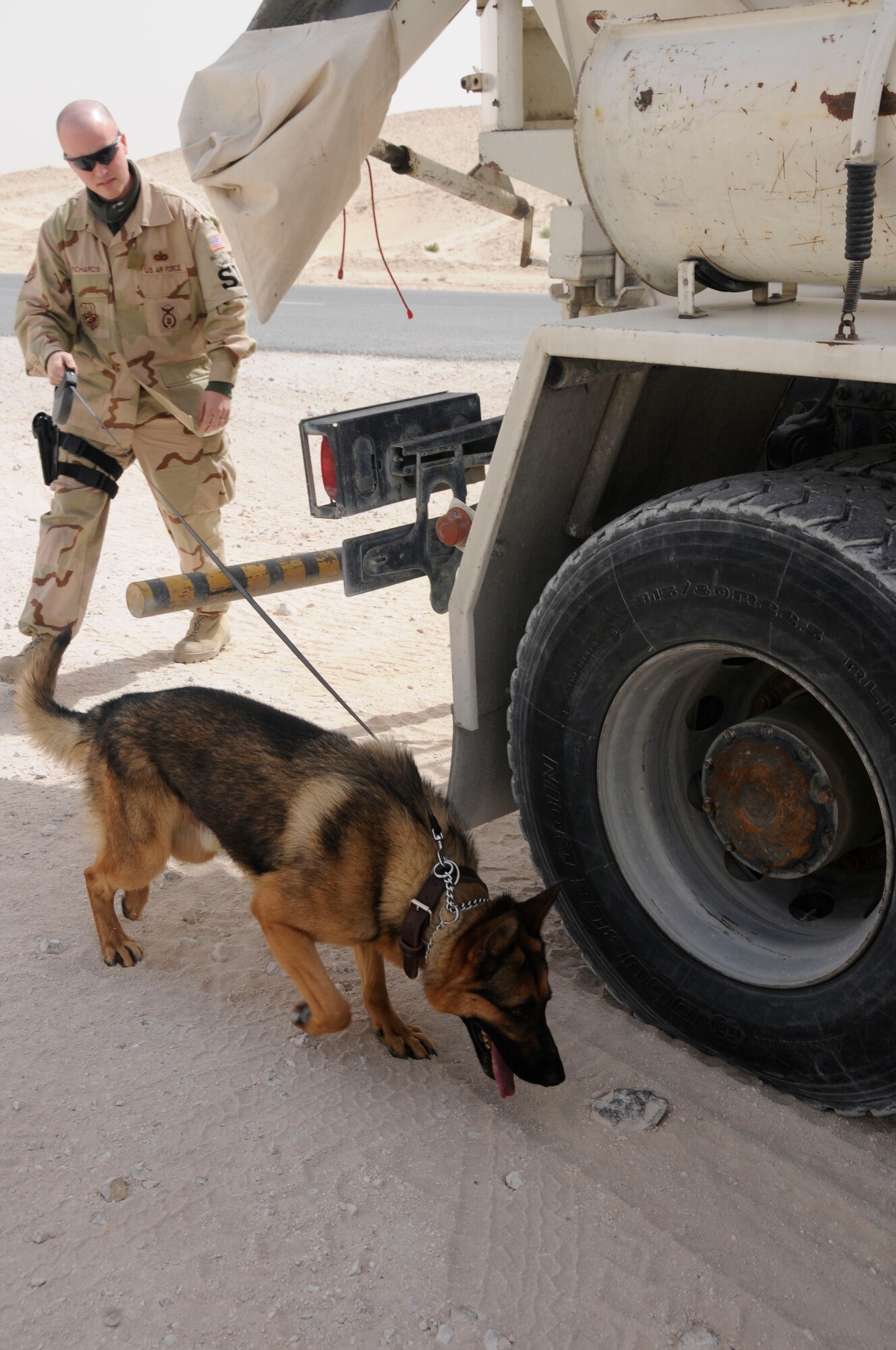 SOUTHWEST ASIA -- Staff Sgt. Kyle Richards and military working dog Sano, conduct a vehicle search for any illegal substances March 6.  Sergeant Richards and Sano work as a team to enforce security base wide. (U.S. Air Force photo/ Senior Airman Domonique Simmons)