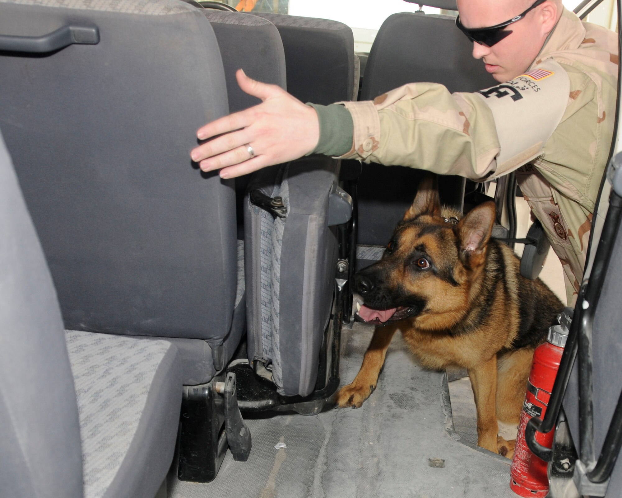 SOUTHWEST ASIA -- Military working dog Sano and his handler, Staff Sgt. Kyle Richards, conduct a routine search inside of a working van March 6. Sano, a 2-year- old German Shepard is trained on detecting illegal substances and explosives. (U.S. Air Force photo/ Senior Airman Domonique)
