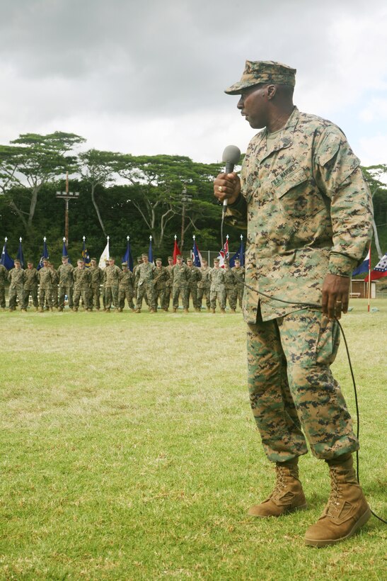 Sergeant Major James Roberts,  the newly appointed Headquarters and Service Battalion sergeant major, addresses his new command about how glad he was to be at the command and what he expected for the future during a relief and appointment ceremony at Bordelon Field, here March 7. Roberts previously served as the Marine Corps Air Facility sergeant major at Marine Corps Base Hawaii, Kaneohe Bay.