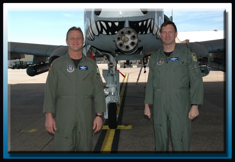 Lt. Col. Rod Glass & Lt. Col. Terry McClain, 45th Fighter Squadron senior leadership, stand in front of an A-10 Warthawg at Barksdale AFB, La., Wednesday, March 5. (U.S. Air Force photo/Master Sgt. Sherri Bohannon) 