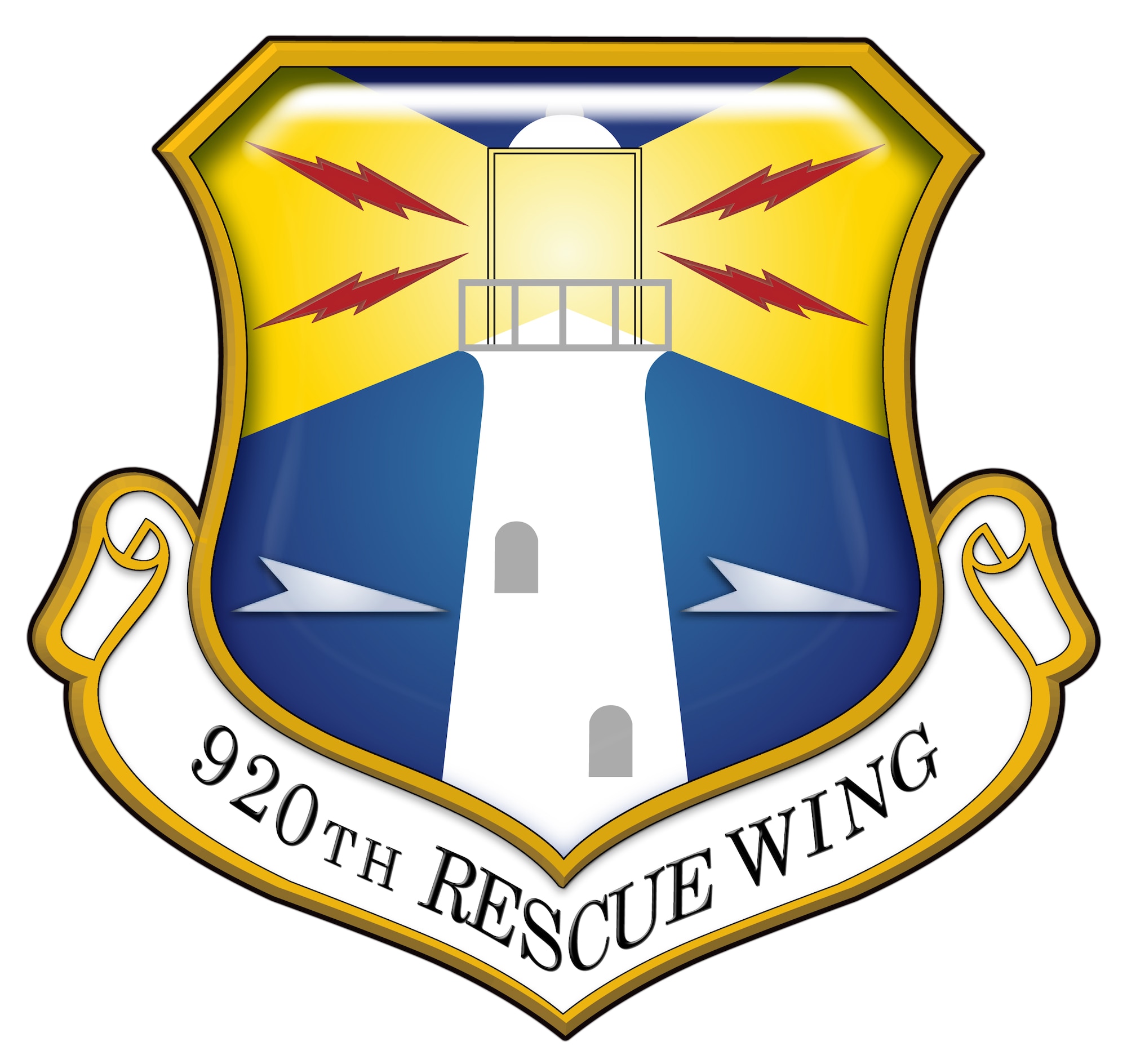 920th Rescue Wing Shield (Color - Stylized). In accordance with Chapter 3 of AFI 84-105, commercial reproduction of this emblem is NOT permitted without the permission of the proponent organizational/unit commander. Image created by Staff Sgt. Paul Flipse of the 920th Public Affairs Office and is 9 x 8.5 inches @ 300dpi.