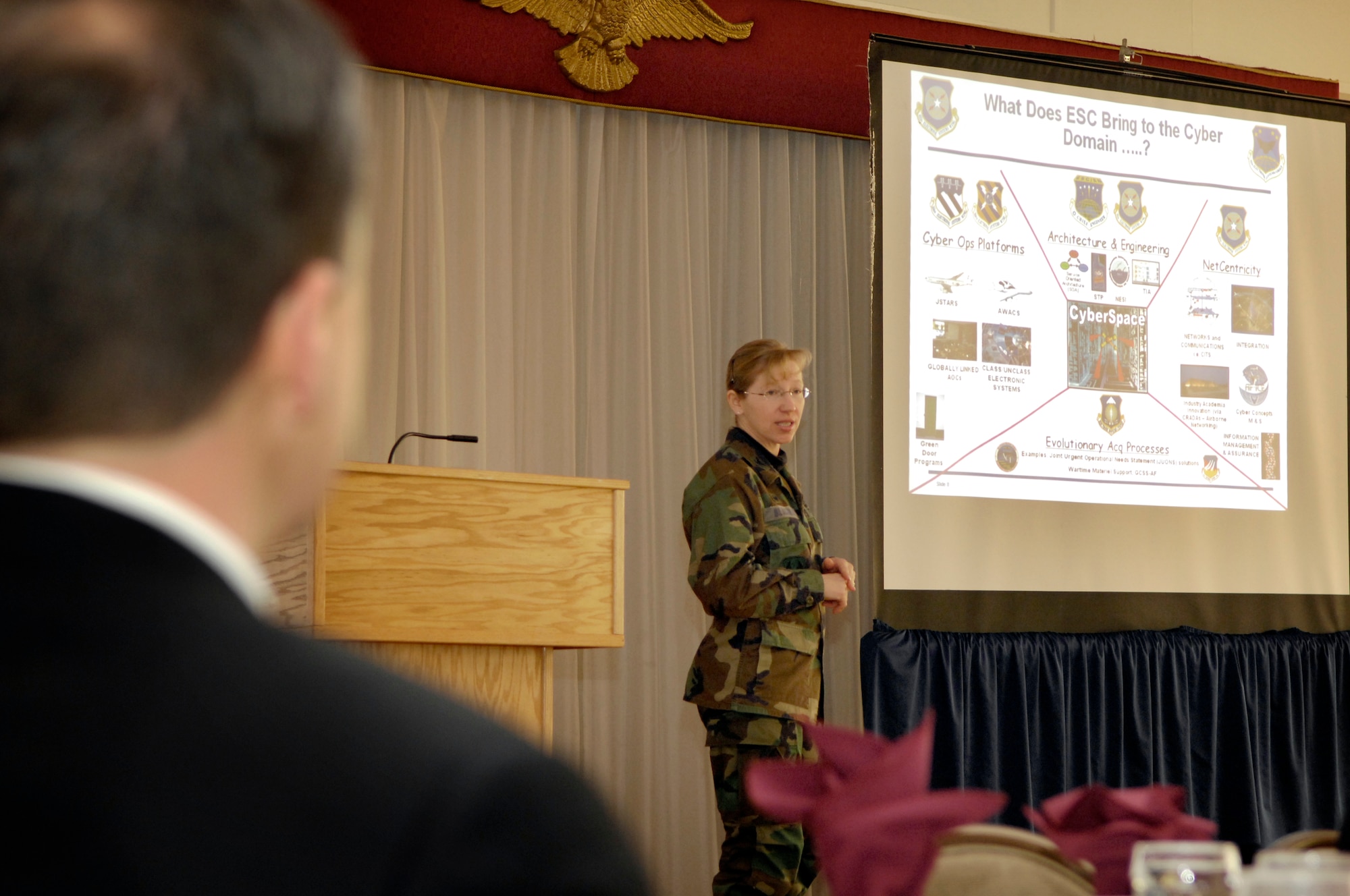 HANSCOM AFB, Mass. -- Col. Leslie Blackham, commander of the 753rd Electronic Systems Group, addresses the Hanscom Representatives Association at the Minuteman Club March 6.  The colonel discussed cyber challenges, including efforts to help the Air Force’s Provisional Cyber Command begin acquiring needed capabilities. (U.S. Air Force photo by Mark Wyatt.)
