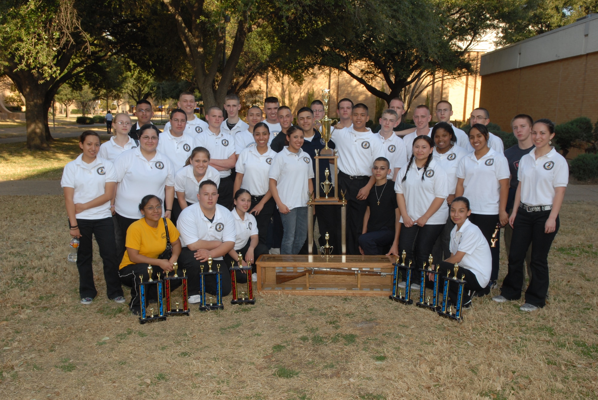 Members of Lubbock High School’s Navy Junior ROTC?program pose with their trophies after the drill meet March 2. In addition to their overall win, Lubbock High School took first-place honors in armed inspection, armed regulation, unarmed inspection, unarmed exhibition and color guard categories one and two. Additionally, they took second place in unarmed regulation. (U.S. Air Force photo by Staff Sgt. John Barton)