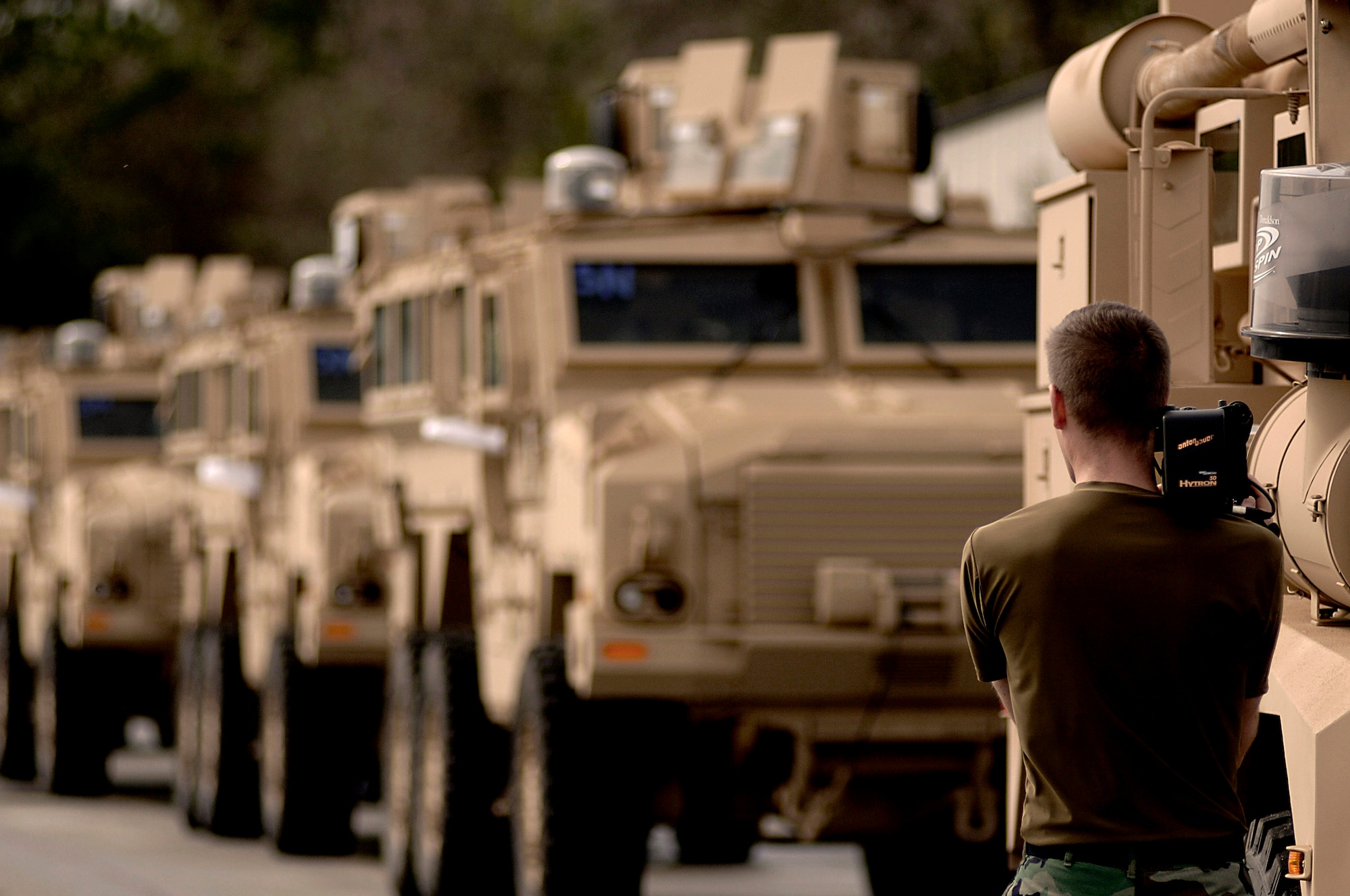 Mine-resistant ambush-protected vehicles sit parked March 4 on the flightline at Charleston Air Force Base, S.C. Base members recently delivered the 2,000th MRAP to warfighters overseas. (U.S. Air Force photo/Senior Airman Nicholas Pilch) 
