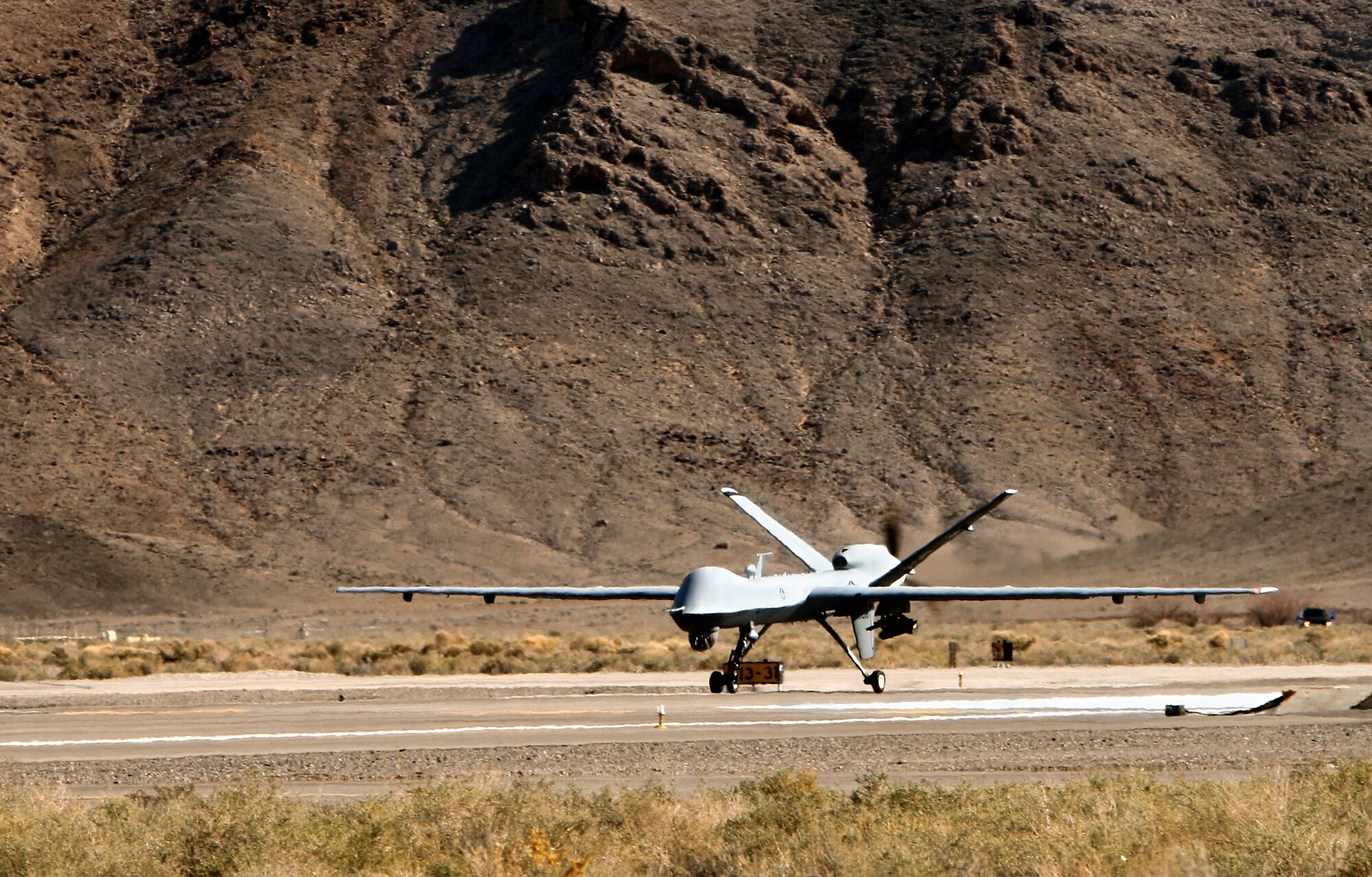 A MQ-9 Reaper prepares to launch Feb. 28 from Creech Air Force Base, Nev..  The Reapers arrived at the base in March 2007. (U.S. Air Force photo/Lawrence Crespo)
