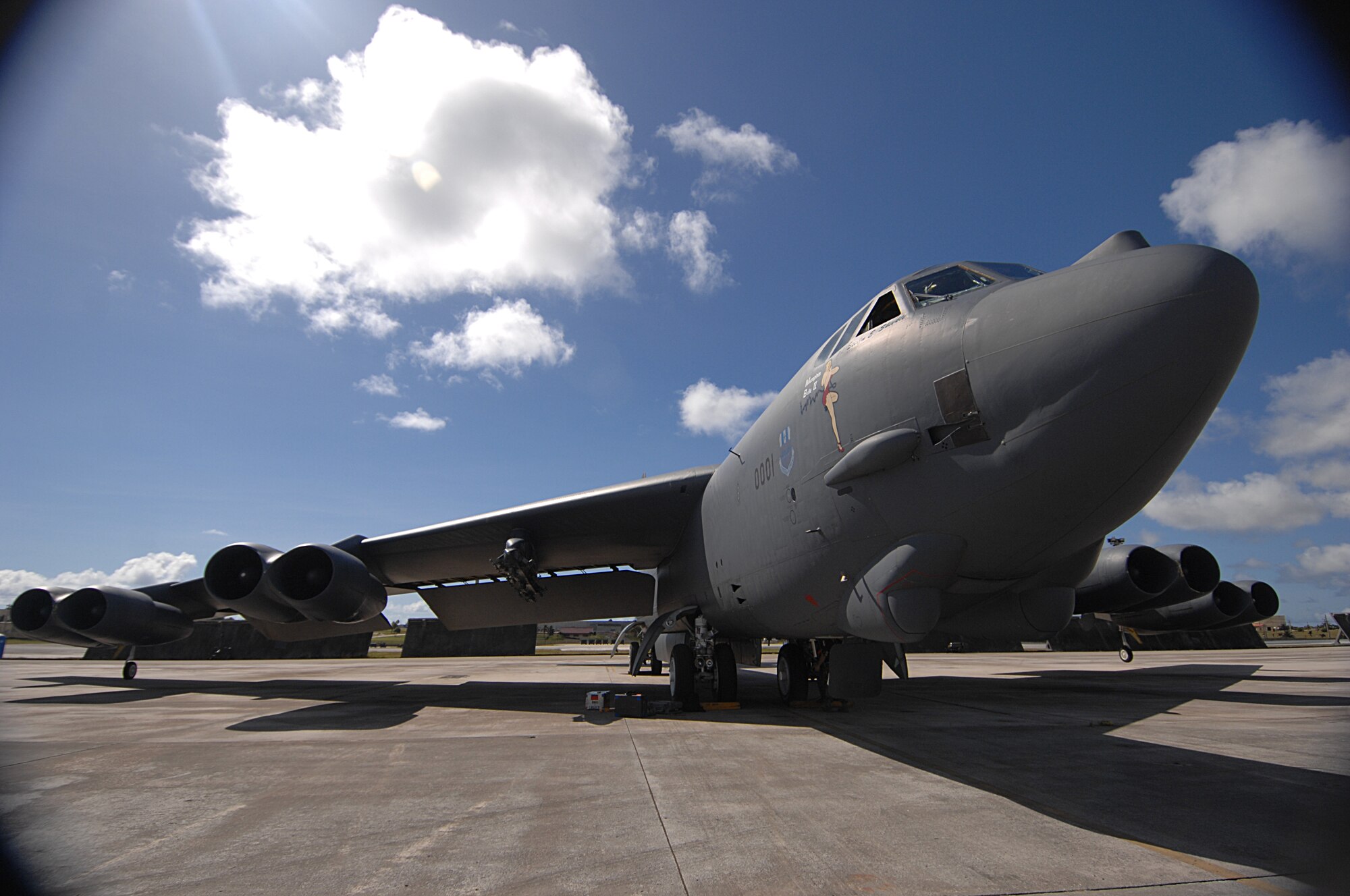 ANDERSEN AFB, Guam-- A B-52 Stratofortress bomber from the 96th Expeditionary Bomb Squadron sits on Andersen's flight line while some last minute maintenance work is performed. (U.S. Air Force Photo by Staff Sgt. Vanessa Valentine)
