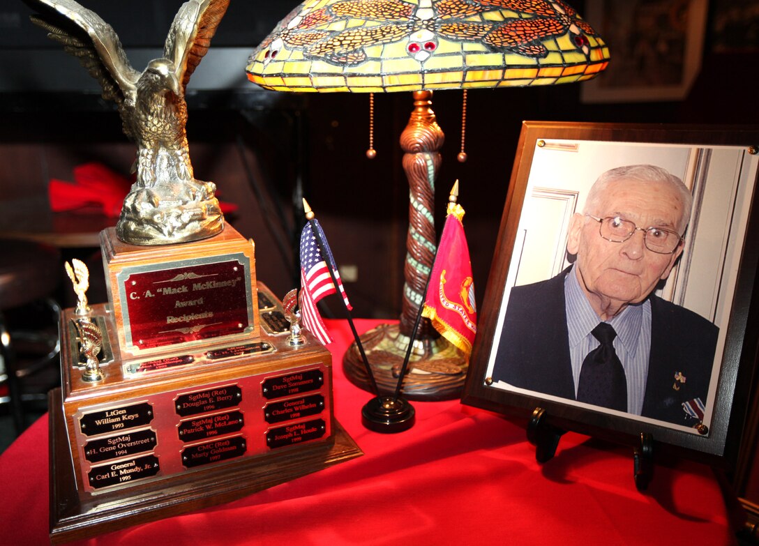 A tribute to Sgt. Maj. C. A. “Mack” McKinney is displayed at the 18th annual award ceremony held in his honor, Jan. 22, 2010.  The award is presented by the Down East Chapter of the Non Commissioned Officers Association to military members who have demonstrated professionalism, dedication and service to the United States and its military over a sustained period of time, and to members of the local community who have demonstrated a strong support for the military community.