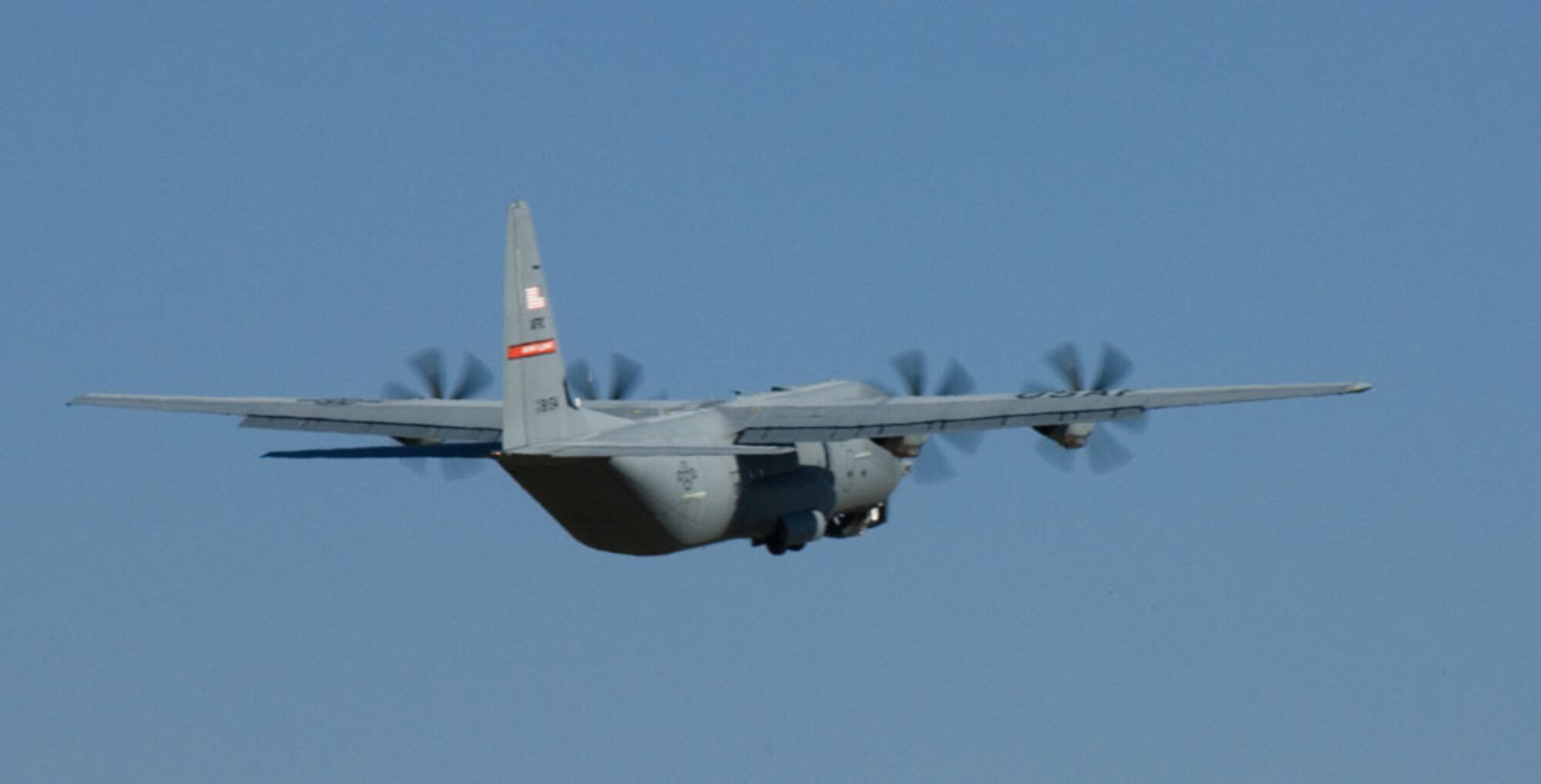 KEESLER AIR FORCE BASE, Miss.--Flying away into the blue, Aircraft 8154, better known as the "Spirit of Biloixi" heads toward Southwest Asia and fulfilling its mission of supporting U.S. and allied forces in the Global War on Terror. The aircraft was dedicated to the city of Biloxi in 2006. As the troops begin their mission in support of the Global War on Terror, the noseart on this aircraft symbolizes the bond between the community and the  Citizen Airmen. (U.S. Air Force Photo/Tech. Sgt. James B. Pritchett)