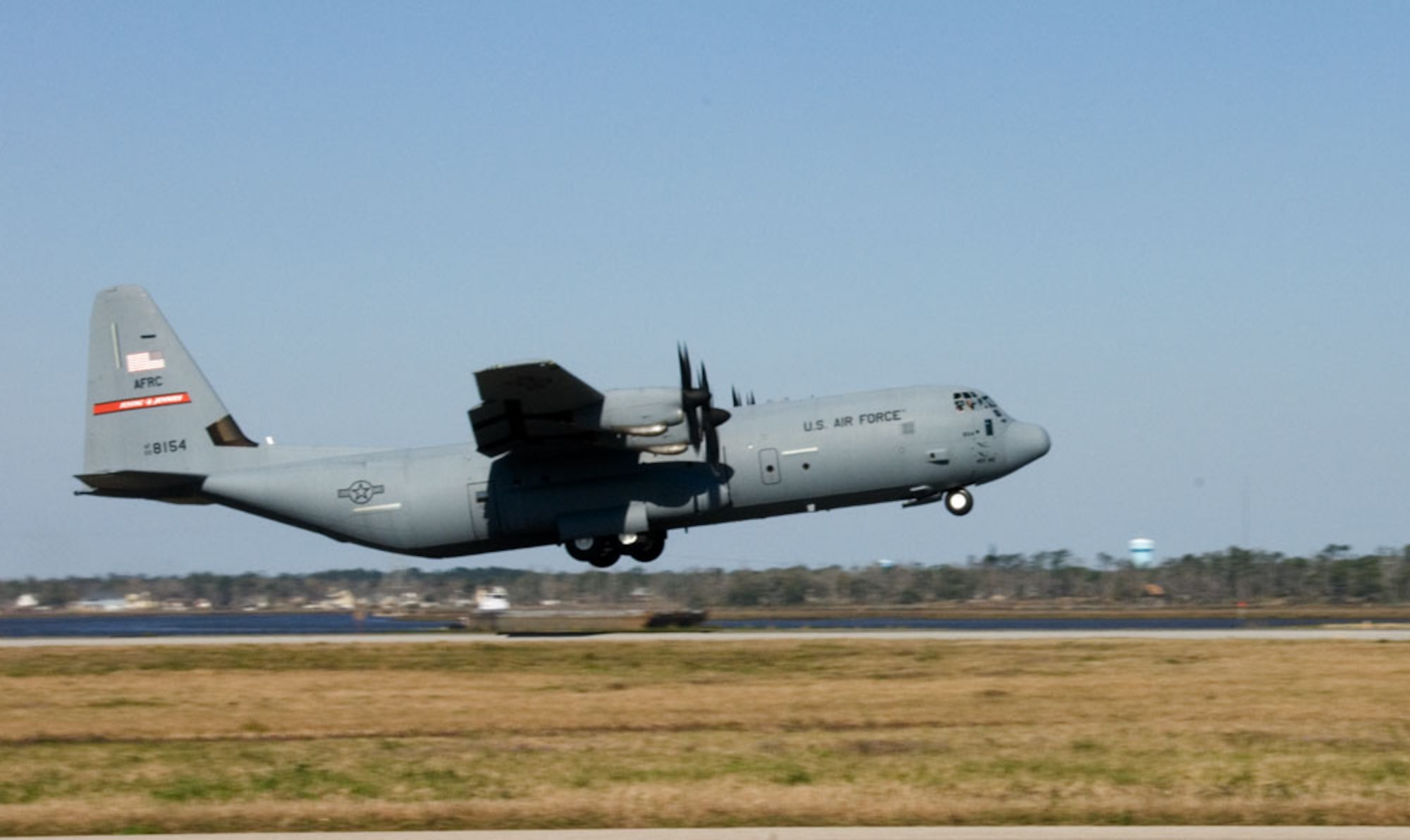 KEESLER AIR FORCE BASE, Miss.--Lifting off the runway, Aircraft 8154, better known as the "Spirit of Biloixi" heads toward Southwest Asia and fulfilling its mission of supporting U.S. and allied forces in the Global War on Terror. The aircraft was dedicated to the city of Biloxi in 2006. As the troops begin their mission in support of the Global War on Terror, the noseart on this aircraft symbolizes the bond between the community and the  Citizen Airmen. (U.S. Air Force Photo/Tech. Sgt. James B. Pritchett)