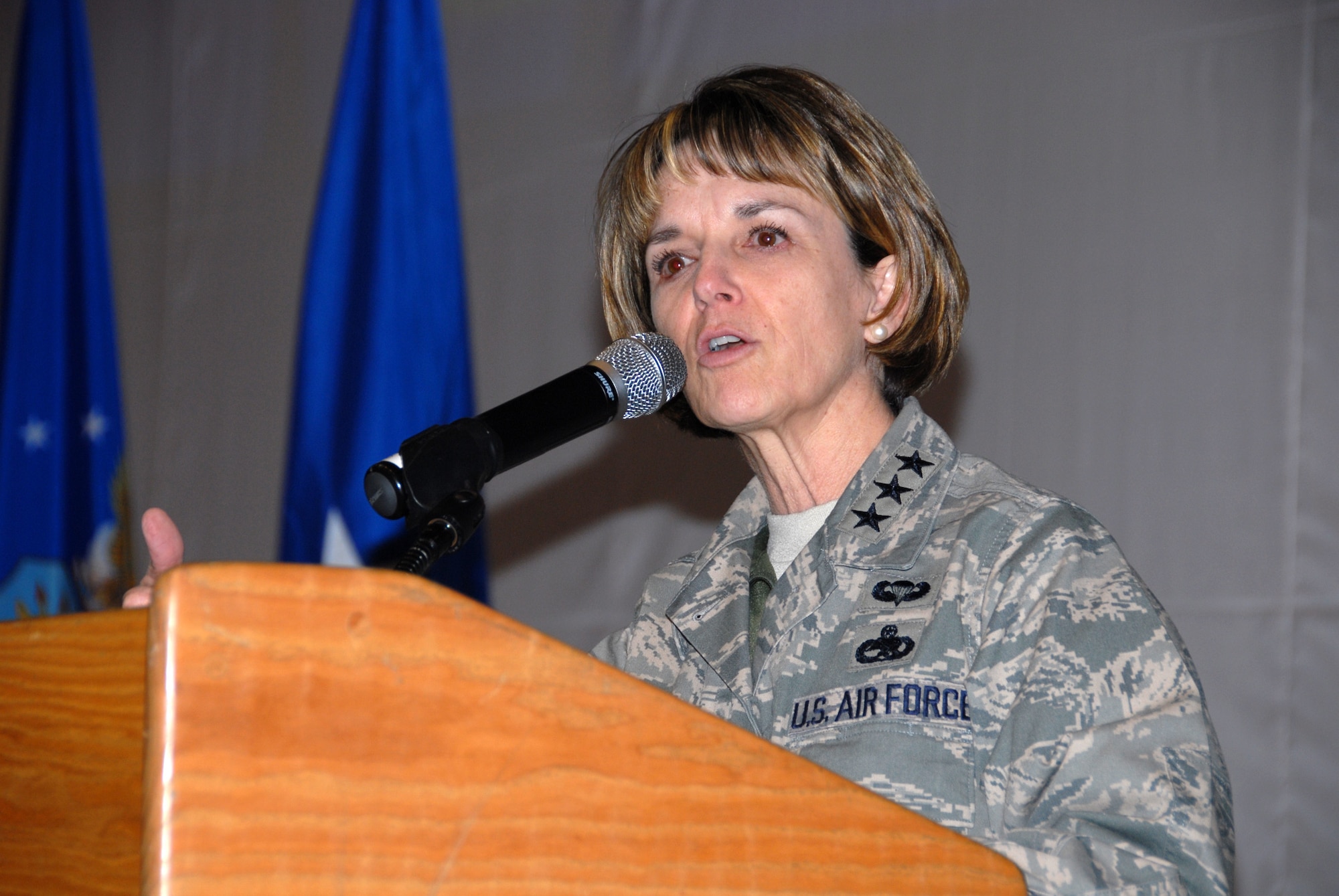 OSAN AIR BASE, Republic of Korea—Lt. Gen. Terry L. Gabreski, Air Force Materiel Command vice commander, and guest speaker at the 51st Fighter Wing’s Maintenance Professional of the Year banquet addresses 51st Maintenance Group Airmen March 7.  General Gabreski said it was important for aircraft maintainers to exhibit Air Force core values when performing their daily missions of aircraft generation. When pilots perform a walk-around inspection of their aircraft, they finish by reviewing the aircraft forms, checking for the "X" and crew chief's signature certifying that the aircraft is ready for flight. The "X" and signature on the forms also signify the aircraft crew chief's integrity and provides a mutual bond of trust between the crew chief and the pilot, said the general.  Additionally, General Gabreski presented Maintenance Professional of the Year awards to 51st Maintenance Group Airmen.  (U.S. Air Force photo/Senior Master Sgt. Marvin Krause)