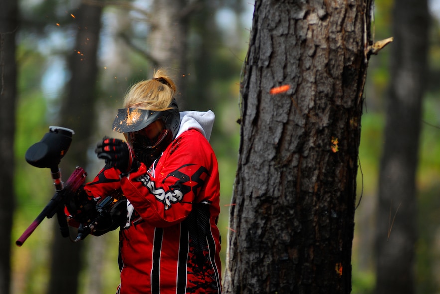 MOODY AIR FORCE BASE, Ga. -- Senior Airman Gina Chiaverotti, 23rd Wing Public Affairs photographer, takes a paintball to the head during a game at Moody's Splatter Swamp paintball range Nov. 17, 2007. A Paintball shooting contest is one of multiple events scheduled for Moody's outdoor extravaganza March 14. (U.S. Air Force photo by Tech. Sgt. Parker Gyokeres)
